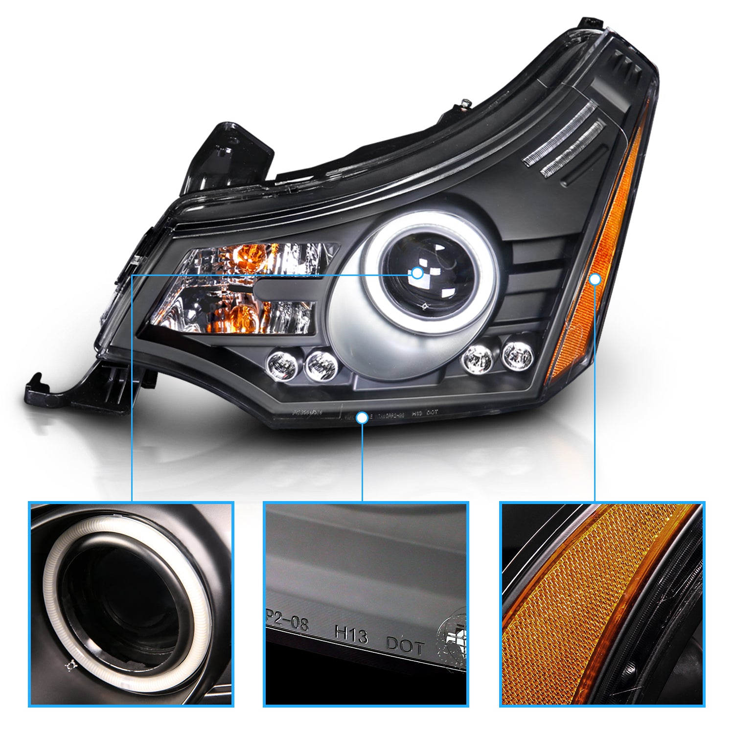 FORD FOCUS 08-11 PROJECTOR HEADLIGHTS BLACK CLEAR (RX HALO)