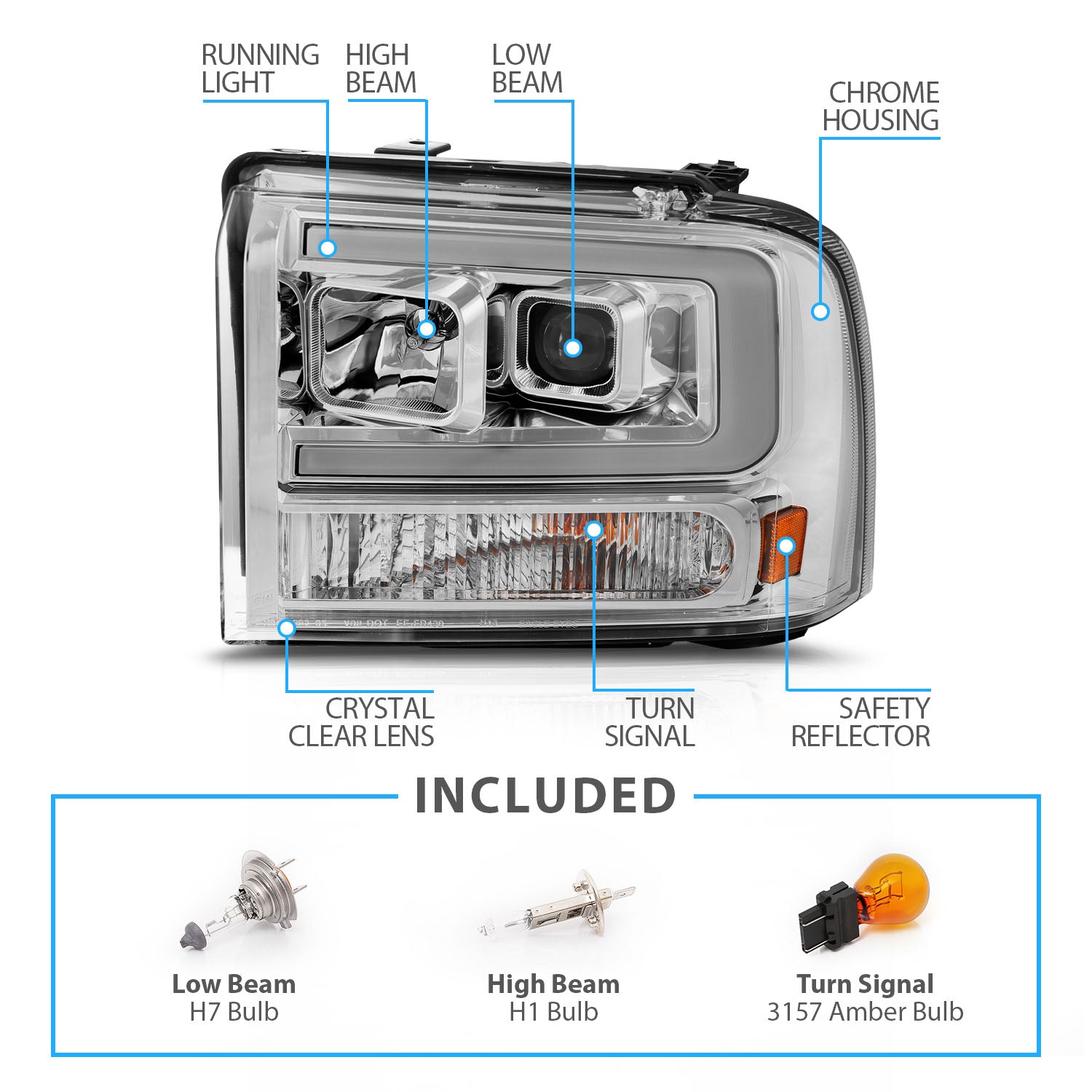 FORD F-250/350/450/550 SUPERDUTY 05-07/EXCURSION 2005 PROJECTOR HEADLIGHTS CHROME AMBER (W/ C LIGHTS BAR)