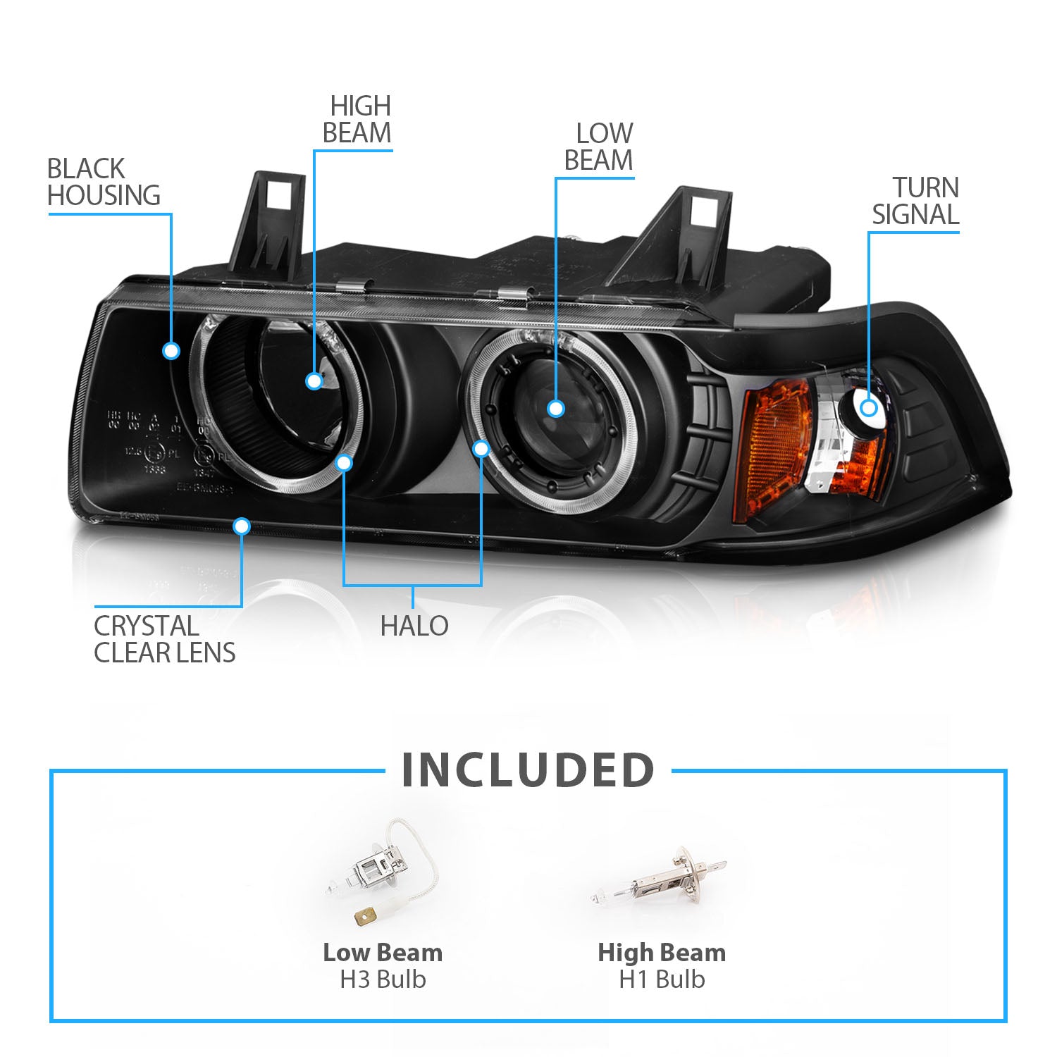 BMW 3 SERIES E36 92-98 4DR 1PC PROJECTOR HEADLIGHTS G2 HALO BLACK CLEAR AMBER