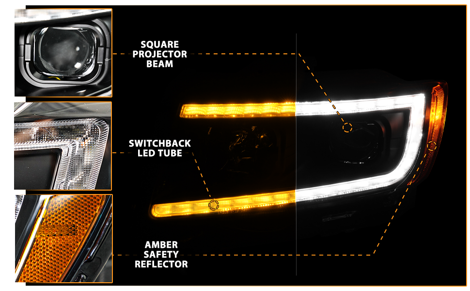 JEEP GRAND CHEROKEE 11-13 PROJECTOR SWITCHBACK HEADLIGHTS BLACK AMBER (W/ C LIGHT BAR)
