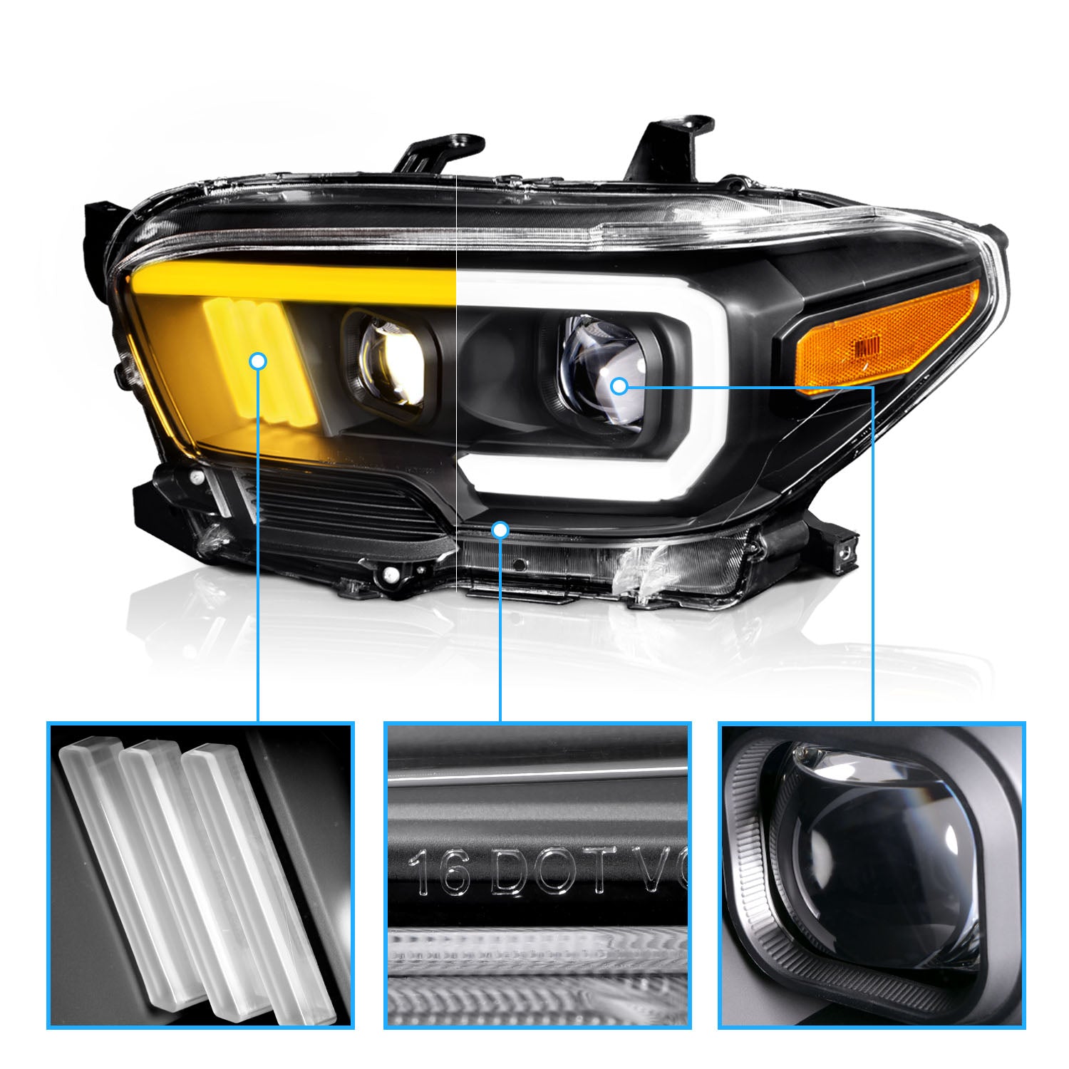 TOYOTA TACOMA 16-23 PROJECTOR LIGHT BAR STYLE SWITCHBACK HEADLIGHTS BLACK AMBER