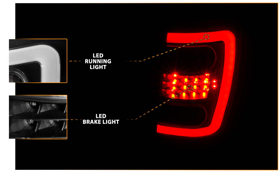 JEEP GRAND CHEROKEE 99-04 LED TAIL LIGHTS BLACK HOUSING CLEAR LENS W/ C LIGHT BAR