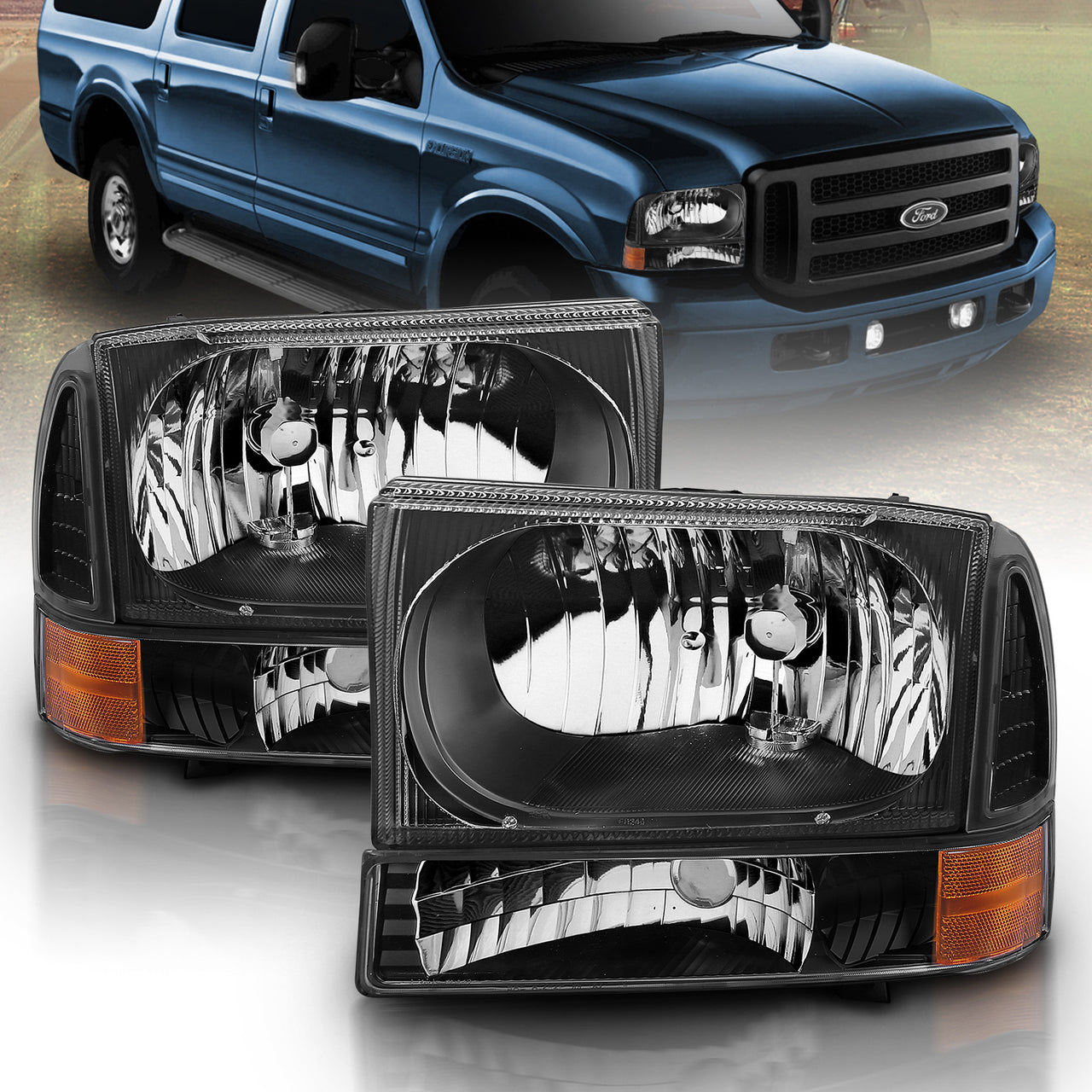 FORD EXCURSION 00-04/SUPER DUTY 99-04 HEADLIGHTS W/ CORNER LIGHTS BLACK AMBER
