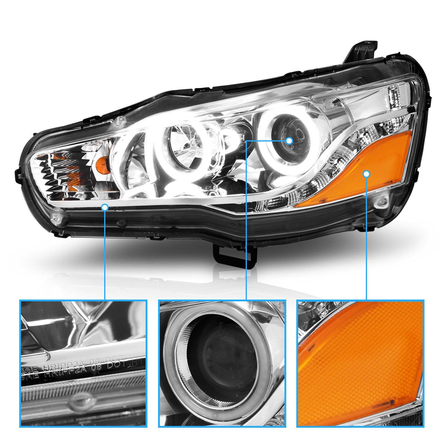 MITSUBISHI LANCER 08-15 PROJECTOR HEADLIGHTS HALO CHROME CLEAR AMBER (RX HALO)