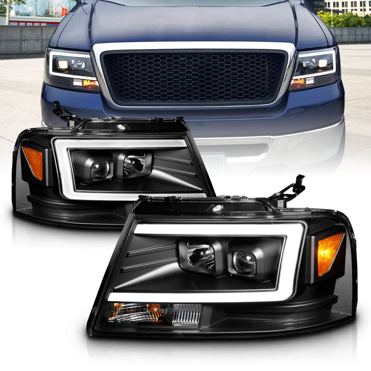 FORD F150 04-08/ LINCOLN MARK LT 06-07 PROJECTOR HEADLIGHTS BLACK AMBER(C LIGHTS BAR)