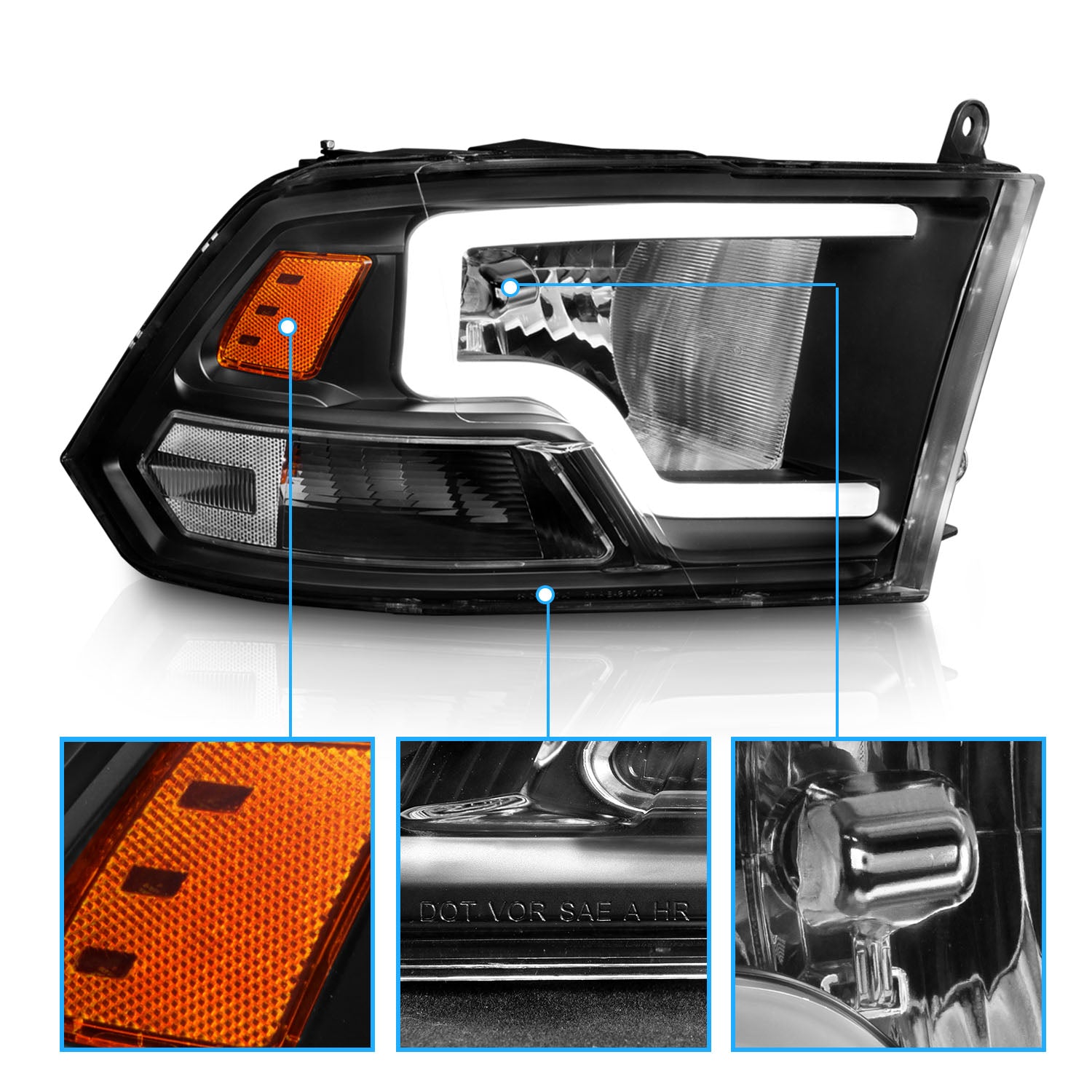 DODGE RAM 09-20 LIGHT BAR STYLE HEADLIGHTS BLACK HOUSING G2 AMBER  (HALOGEN TYPE)