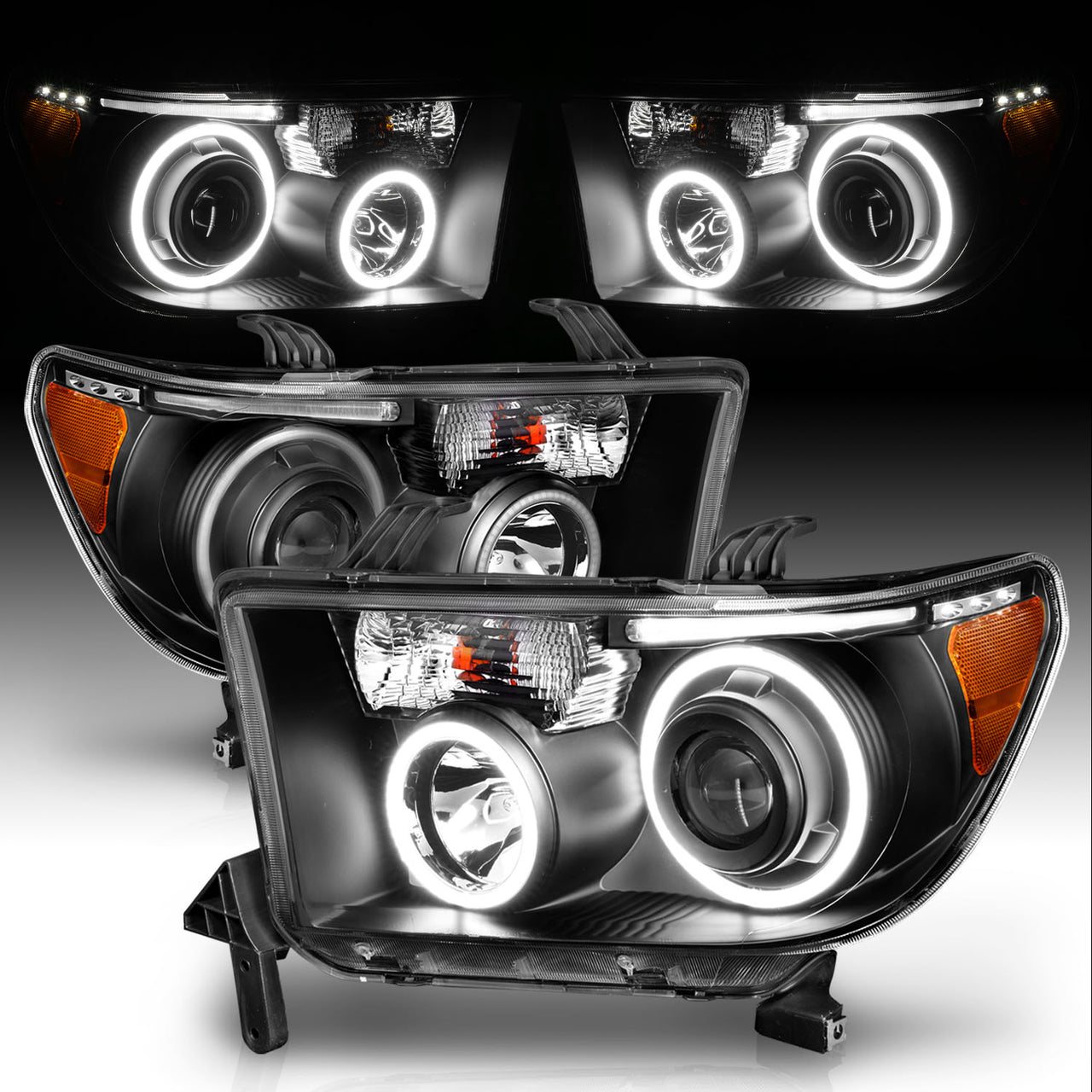 TOYOTA TUNDRA 07-13/SEQUOIA 08-17 PROJECTOR HEADLIGHTS HALO W/ LED BAR BLACK CLEAR AMBER (RX HALO)