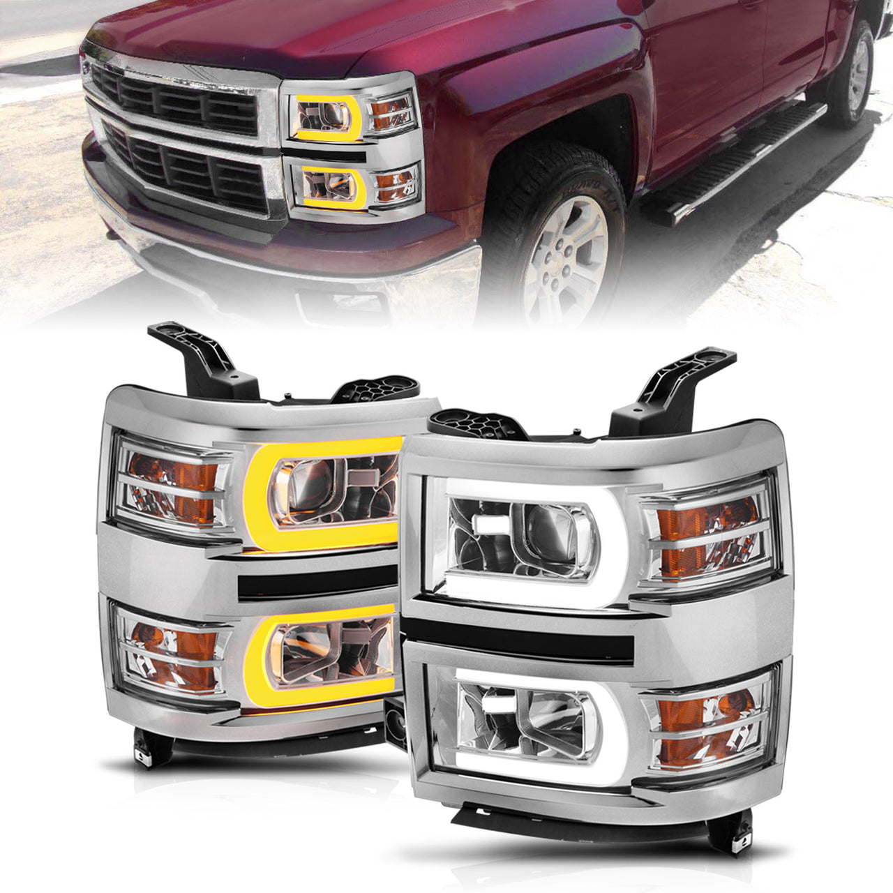 CHEVY SILVERADO 14-15 PROJECTOR SWITCHBACK HEADLIGHTS CHROME AMBER