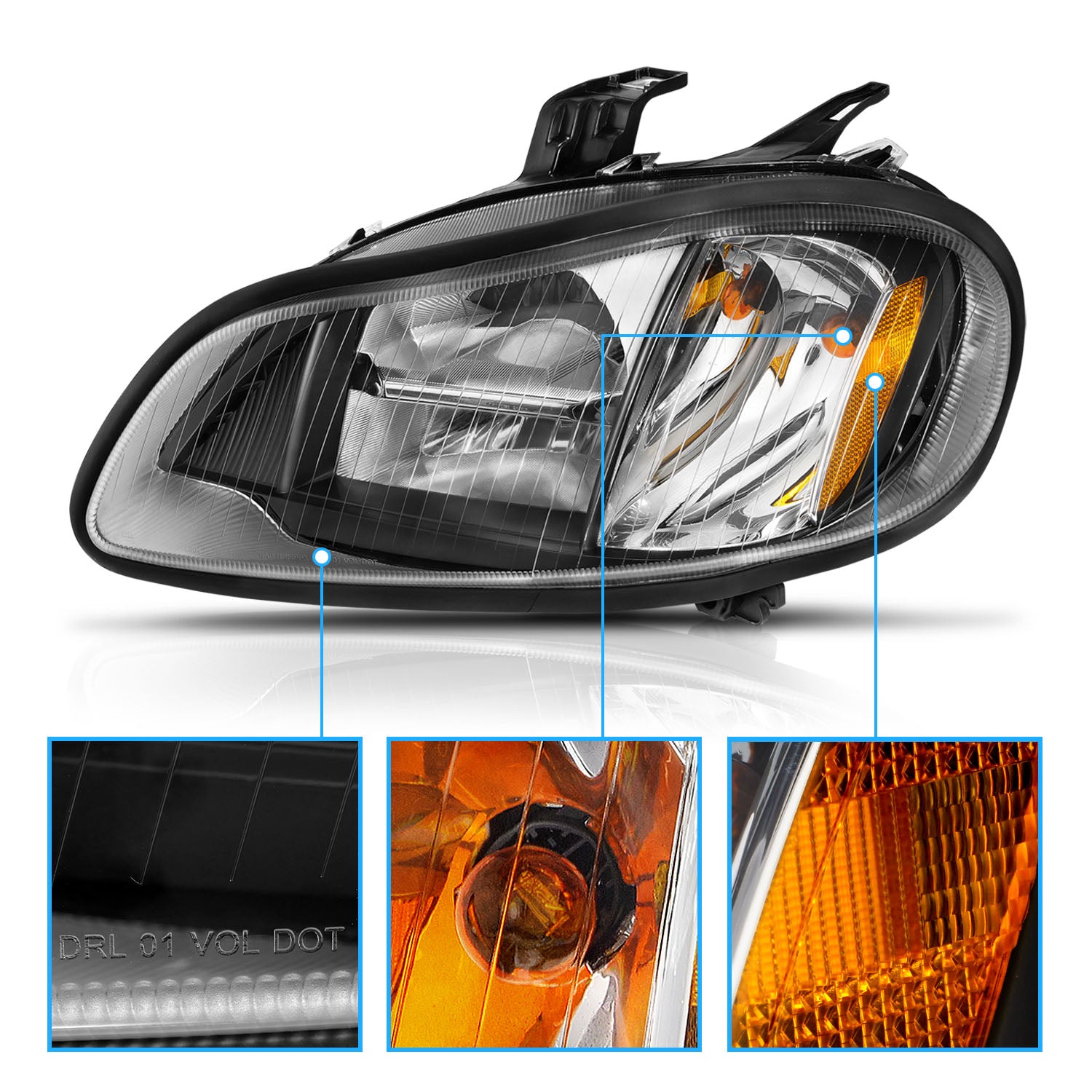 FREIGHTLINER M2 02-14 H.L LED HIGH/LOW BEAM BLACK HOUSING AMBER REFLECTOR