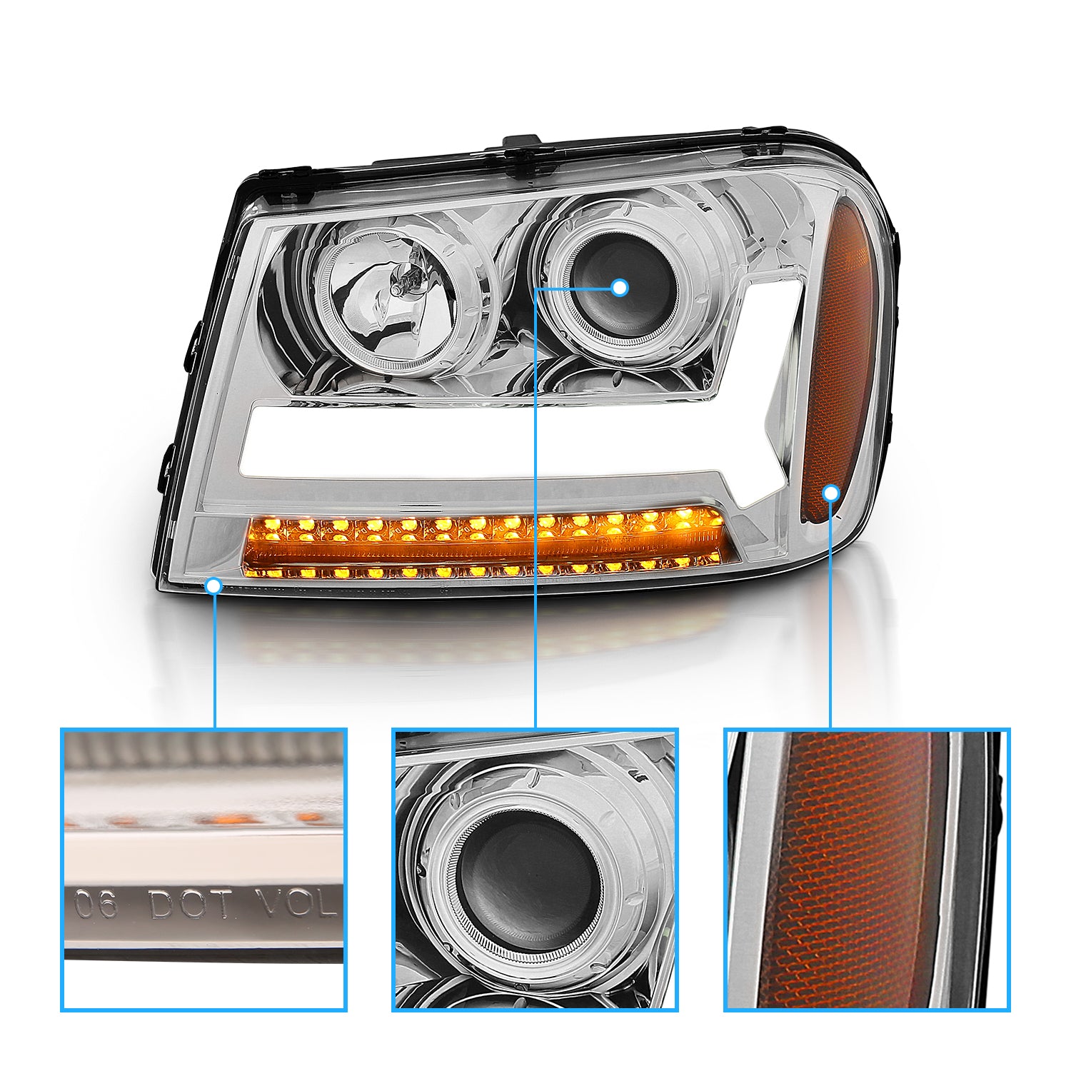 CHEVY TRAILBLAZER LT 06-09 / LS 08 PROJECTOR LIGHT BAR STYLE HEADLIGHTS CHROME AMBER