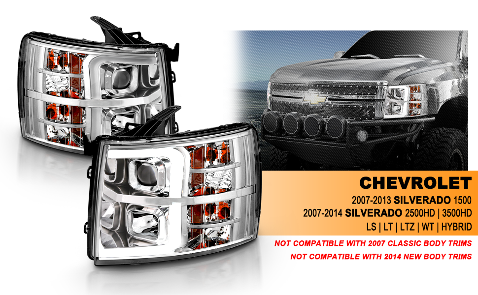 CHEVY SILVERADO 1500/2500/3500 07-13/1500 HYBRID 09-13 LIGHT BAR STYLE HEADLIGHTS CHROME AMBER