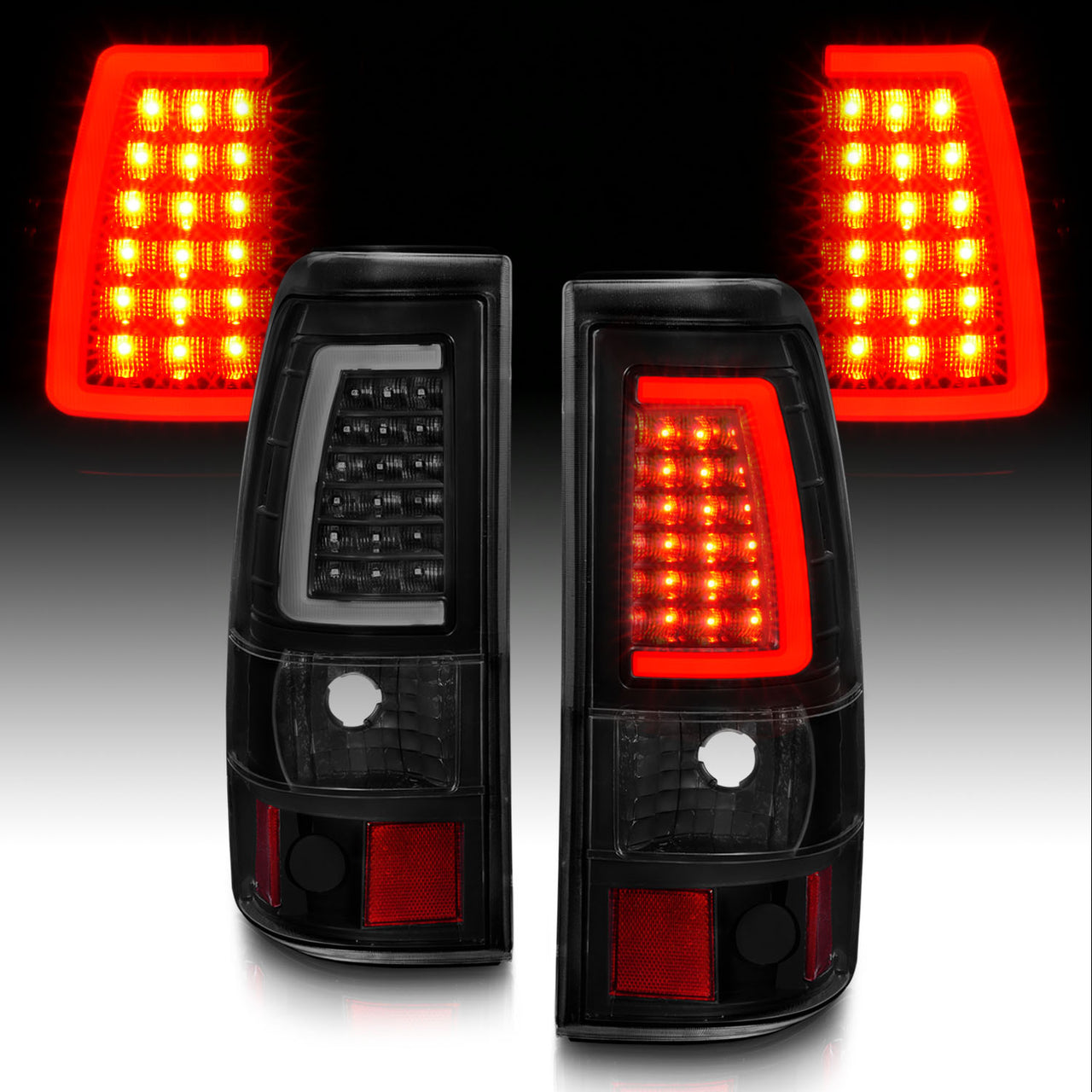 GMC SIERRA 99-07/CHEVY SILVERADO 99-03 (1500/2500 SERIES 99-02 & 3500 SERIES 2003) LED TAIL LIGHTS BLACK HOUSING SMOKE LENS  W/ C LIGHT BAR (3 HOLE)