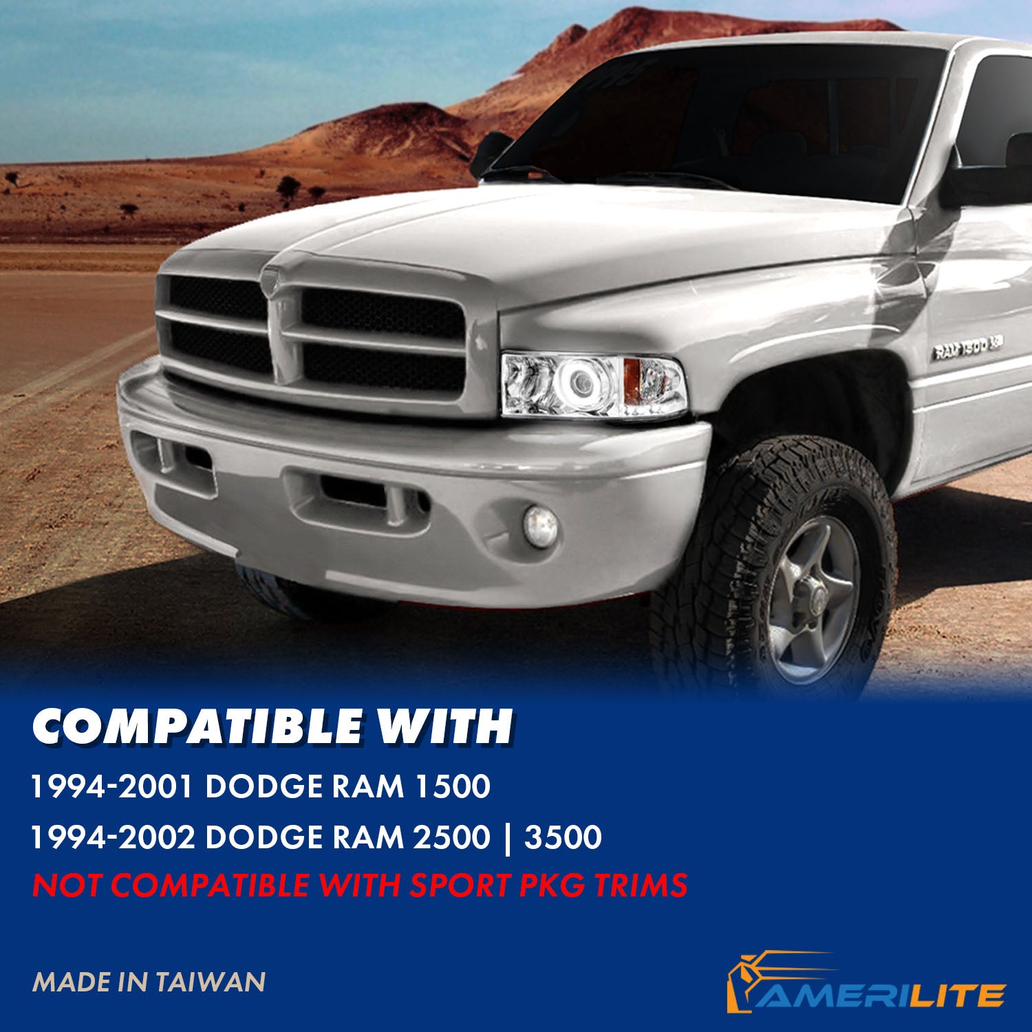 DODGE RAM 94-01 PROJECTOR HEADLIGHTS HALO CHROME CLEAR AMBER (RX HALO)