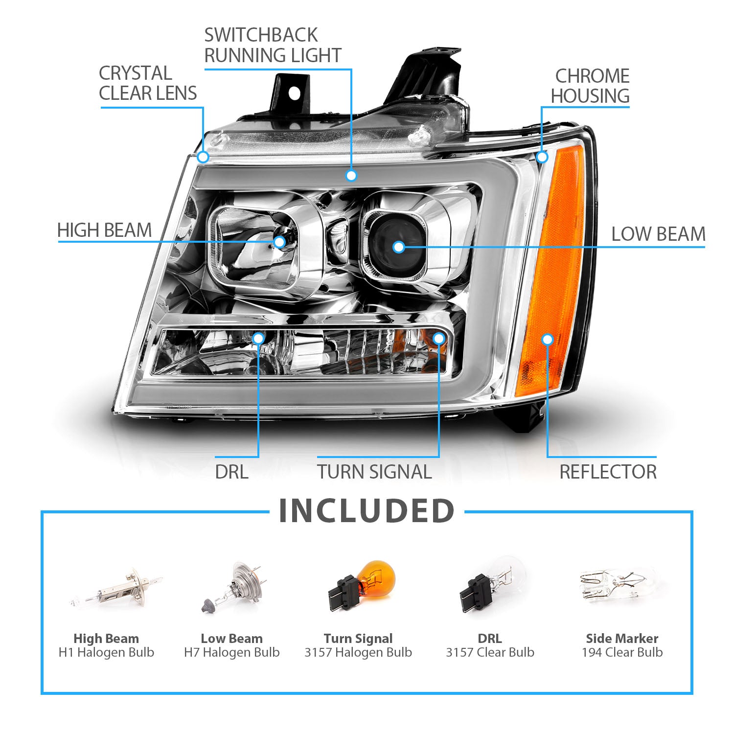 CHEVY TAHOE/SUBURBAN/AVALANCHE 07 PROJECTOR HEADLIGHTS G3 CHROME CLEAR AMBER