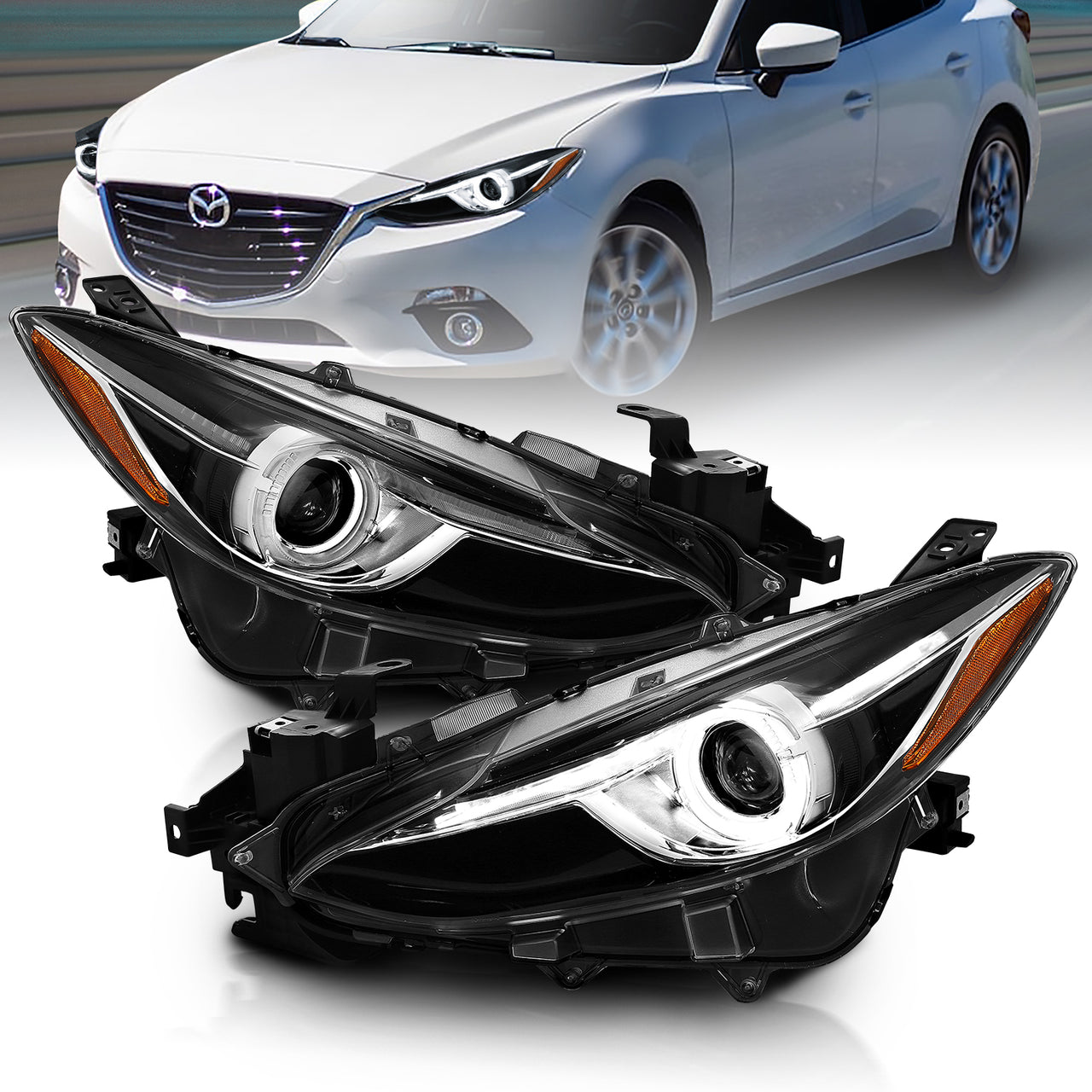 MAZDA 3 14-15 4DR PROJECTOR HEADLIGHTS WHITE PLUS LED HALO BLACK AMBER