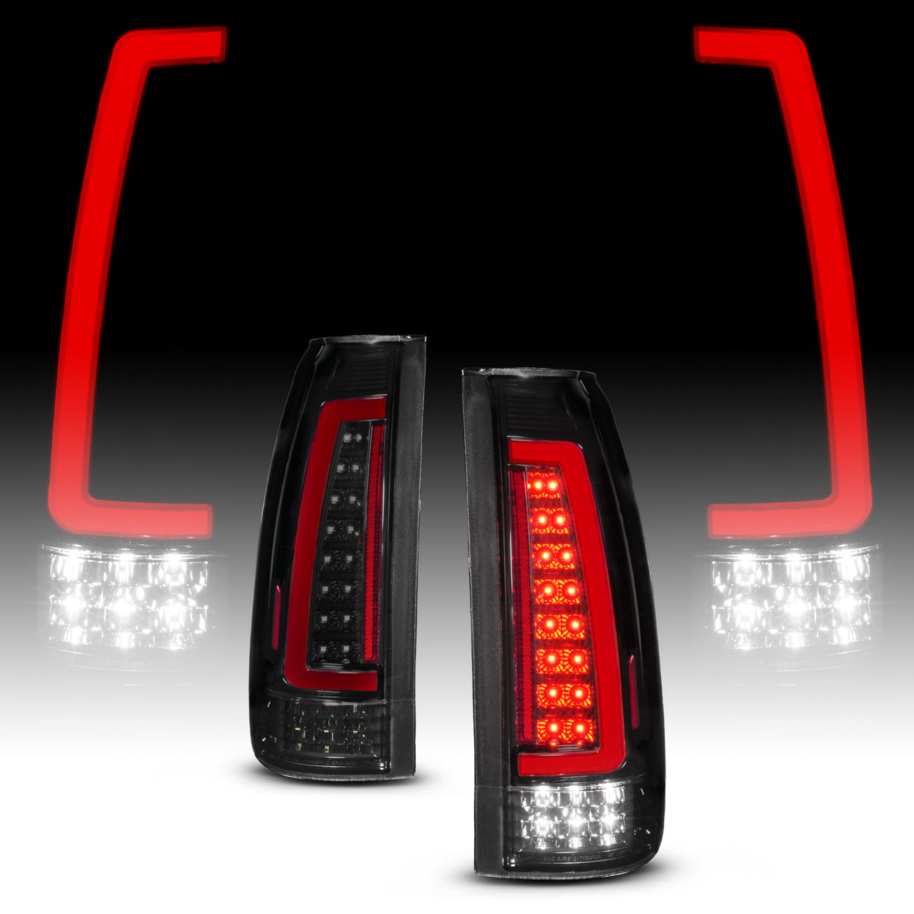 CHEVY /GMC C/K 1500/2500/3500 88-99, SUBURBAN/YUKON 92-00, TAHOE 94-00, BLAZER 92-94, CADILLAC ESCALADE 99-00 LED TAIL LIGHTS BLACK HOUSING SMOKE LENS (SEQUENTIAL SIGNAL)