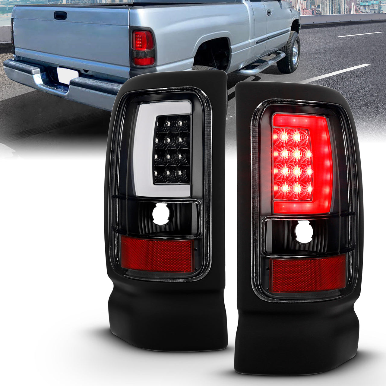 DODGE RAM 94-01  LED TAIL LIGHTS BLACK HOUSING CLEAR LENS W/ C LIGHT BAR