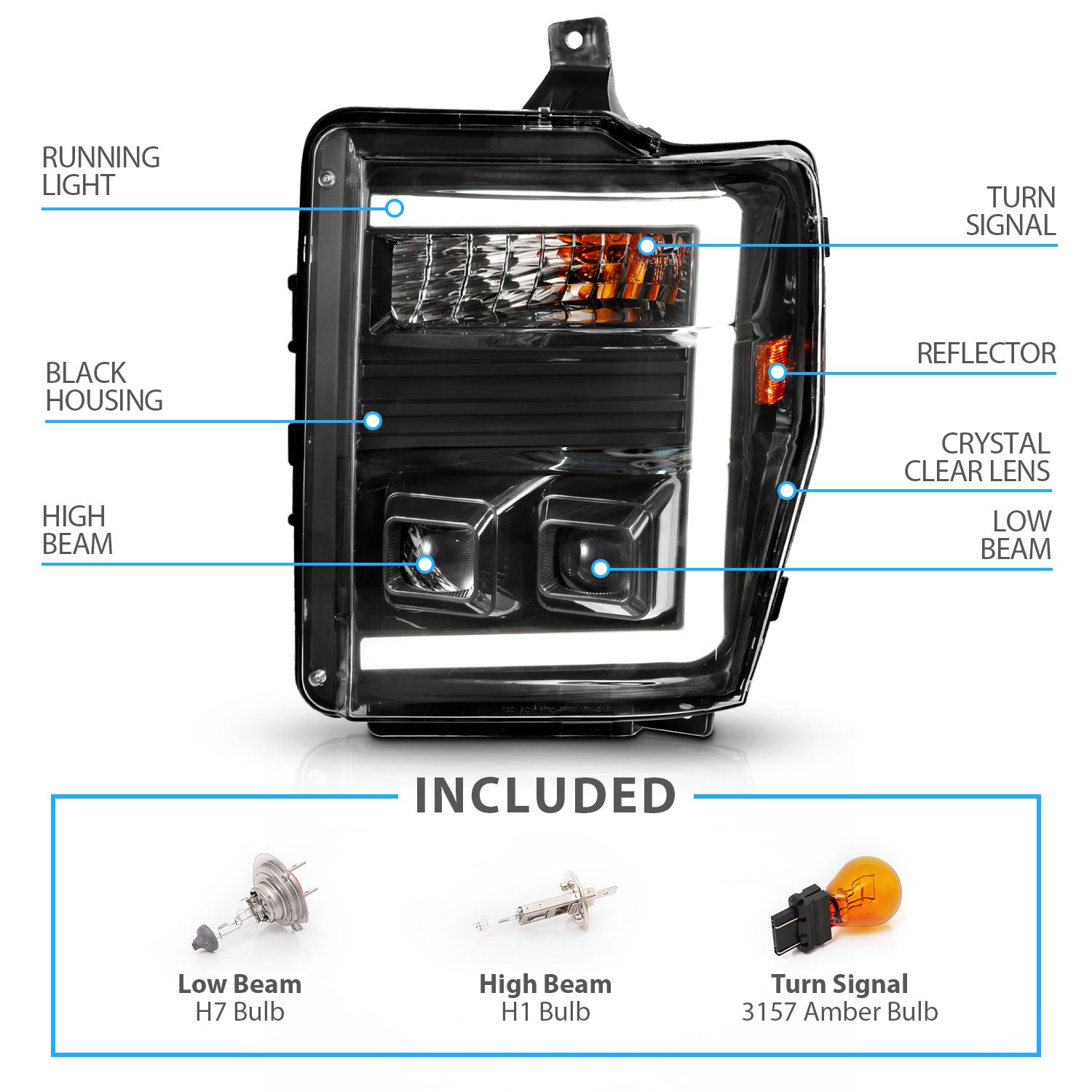 FORD SUPER DUTY 08-10 PROJECTOR HEADLIGHT  BLACK HOUSING CLEAR LENS W/ LIGHT BAR