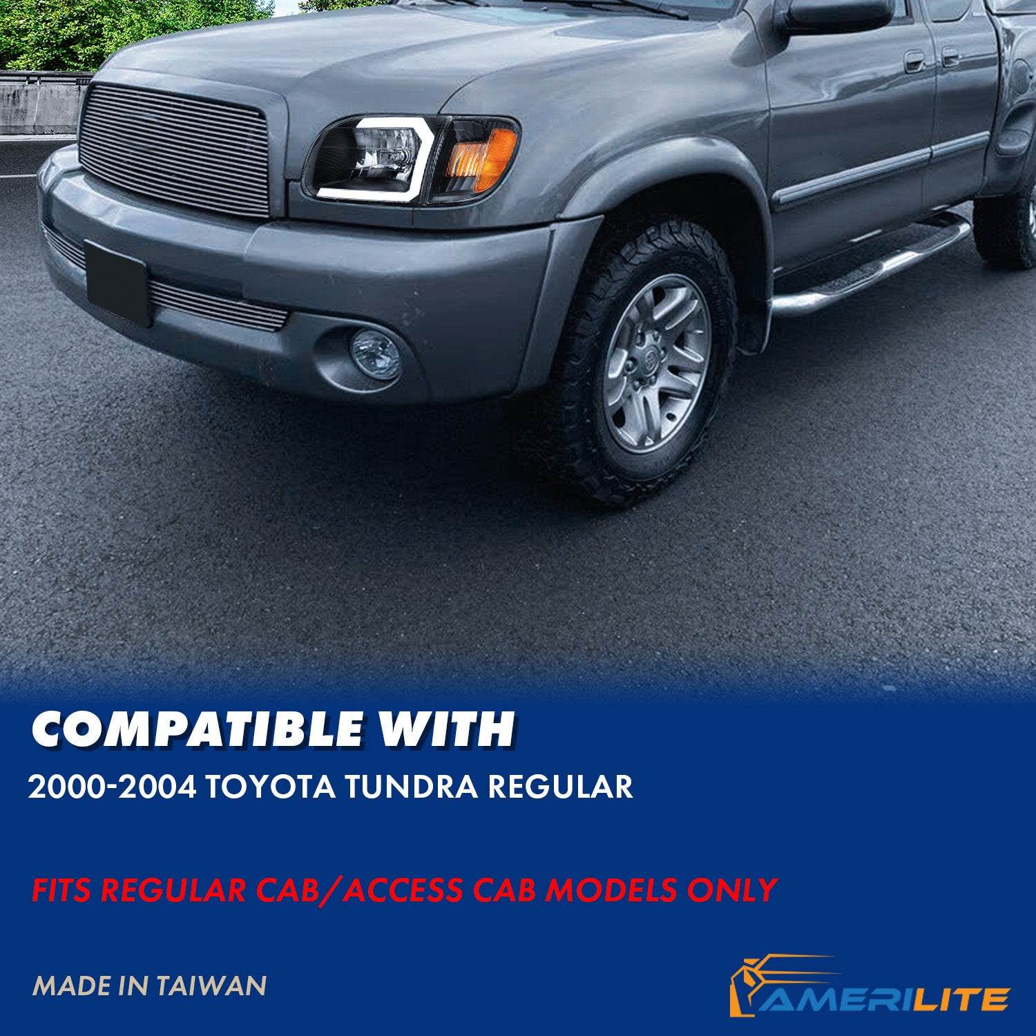 TOYOTA TUNDRA 00-04 HEADLIGHTS BLACK AMBER W/ C LIGHT BAR  W/CORNER LIGHTS (REGULAR CAB, ACCESS CAB)