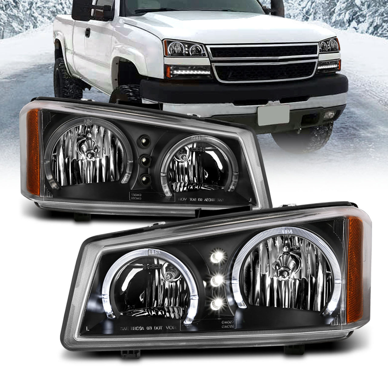 CHEVY SILVERADO 03-06 HEADLIGHTS BLACK 2 HALO W/ LED AMBER