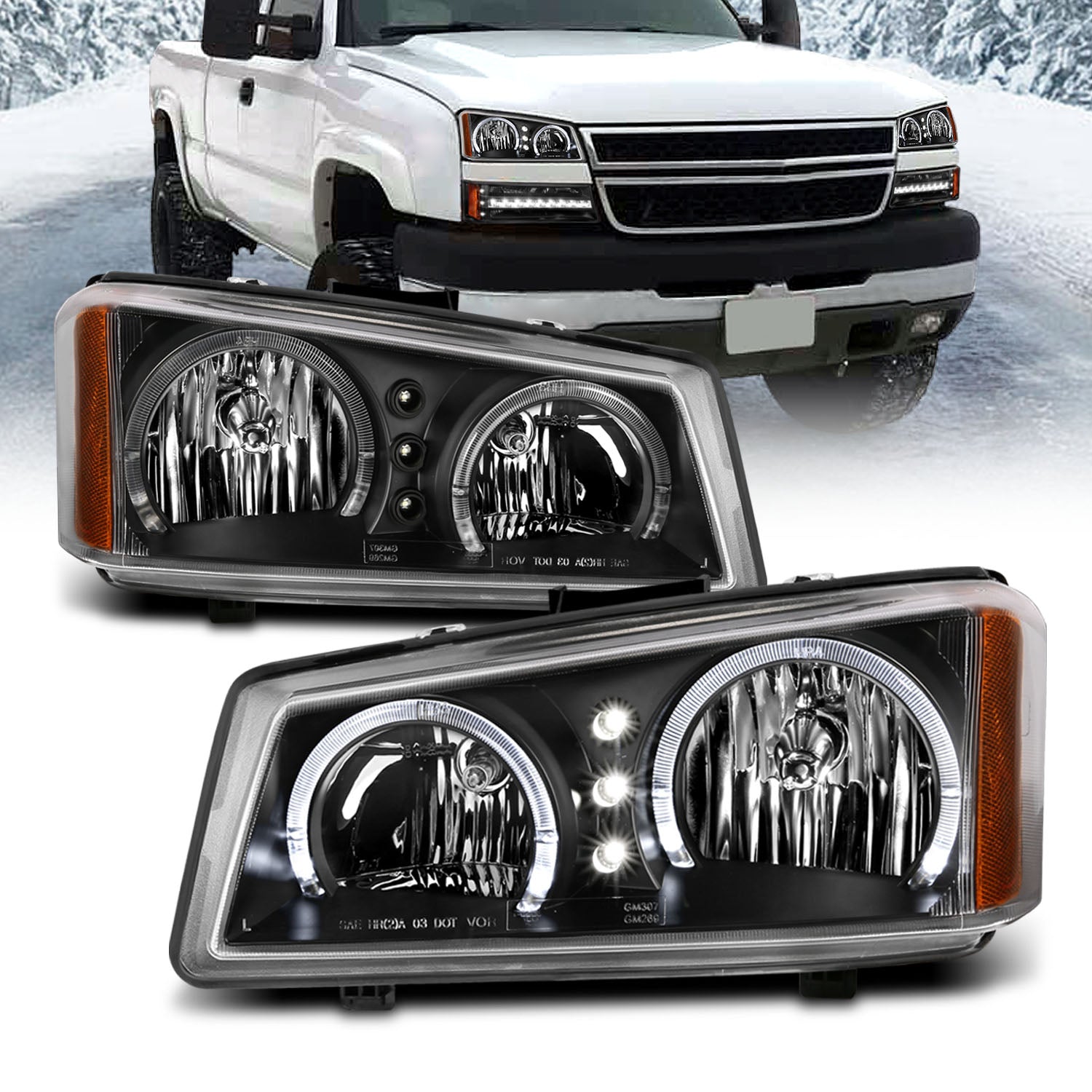 CHEVY SILVERADO 03-06 HEADLIGHTS BLACK 2 HALO W/ LED AMBER