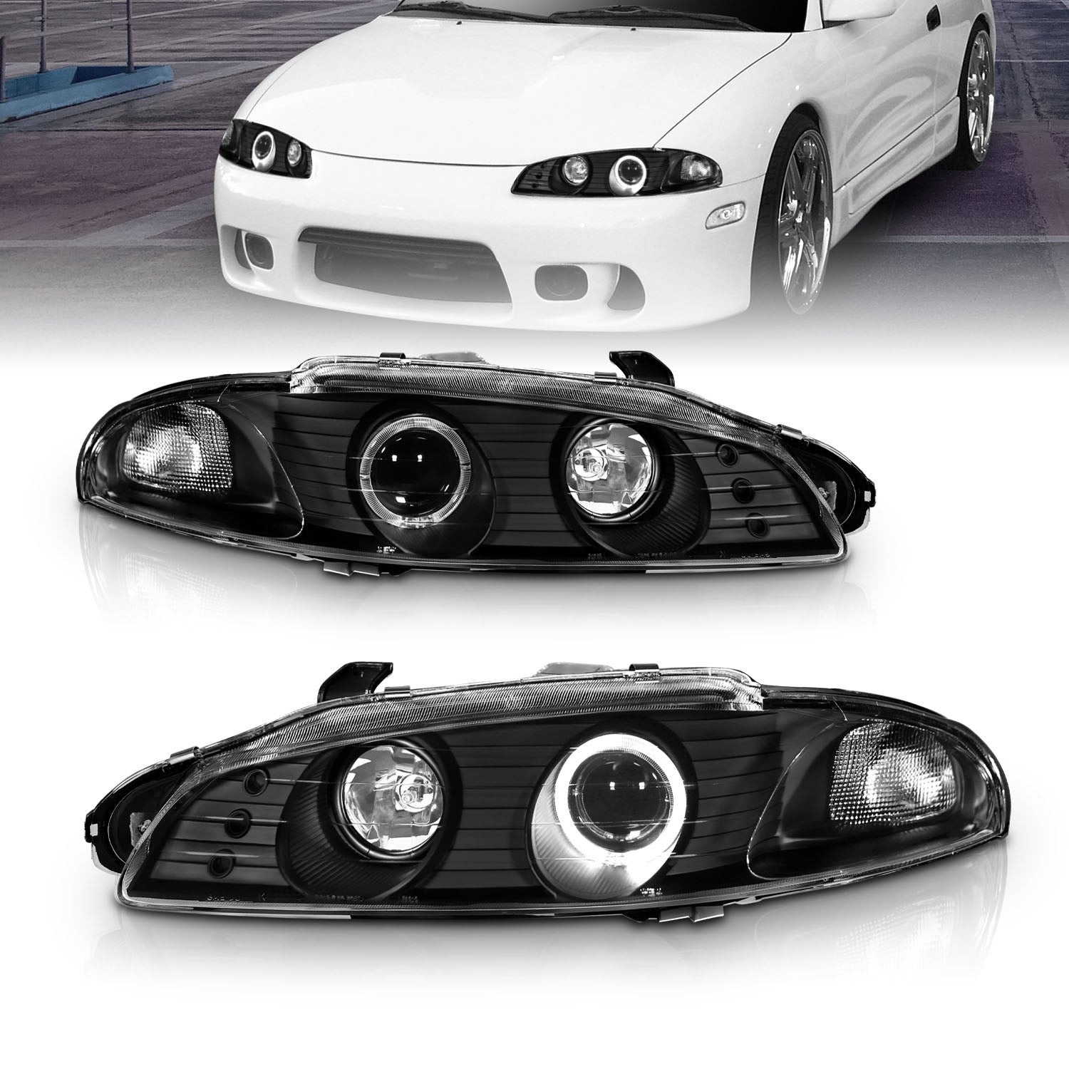MITSUBISHI ECLIPSE 97-99 PROJECTOR HEADLIGHTS G2 1 HALO BLACK CLEAR