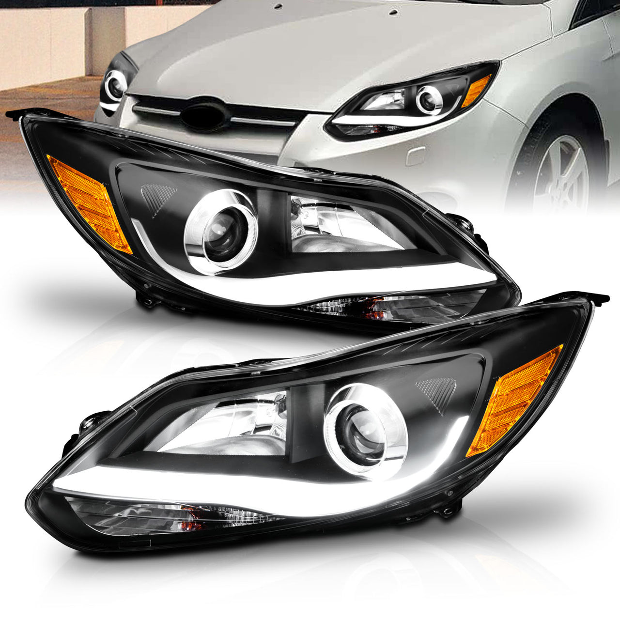 FORD FOCUS 12-13 PROJECTOR LIGHT BAR STYLE HEADLIGHTS BLACK CLEAR AMBER