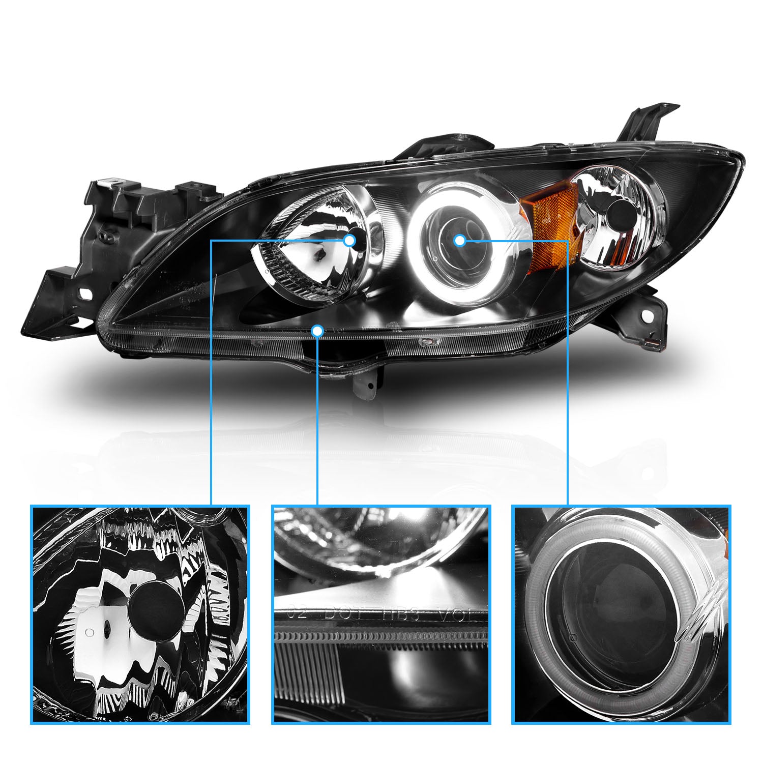 MAZDA 3 04-07 4DR PROJECTOR HEADLIGHTS HALO BLACK CLEAR AMBER (SUPER WHITE)