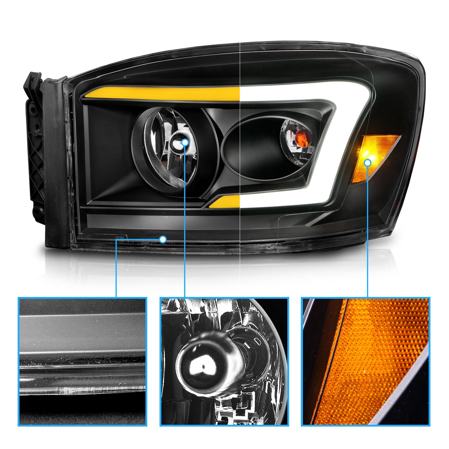 DODGE RAM 1500 06-08/ 2500/3500 06-09   SWITCHBACK HEADLIGHTS BLACK AMBER (W/ C LIGHT BAR)