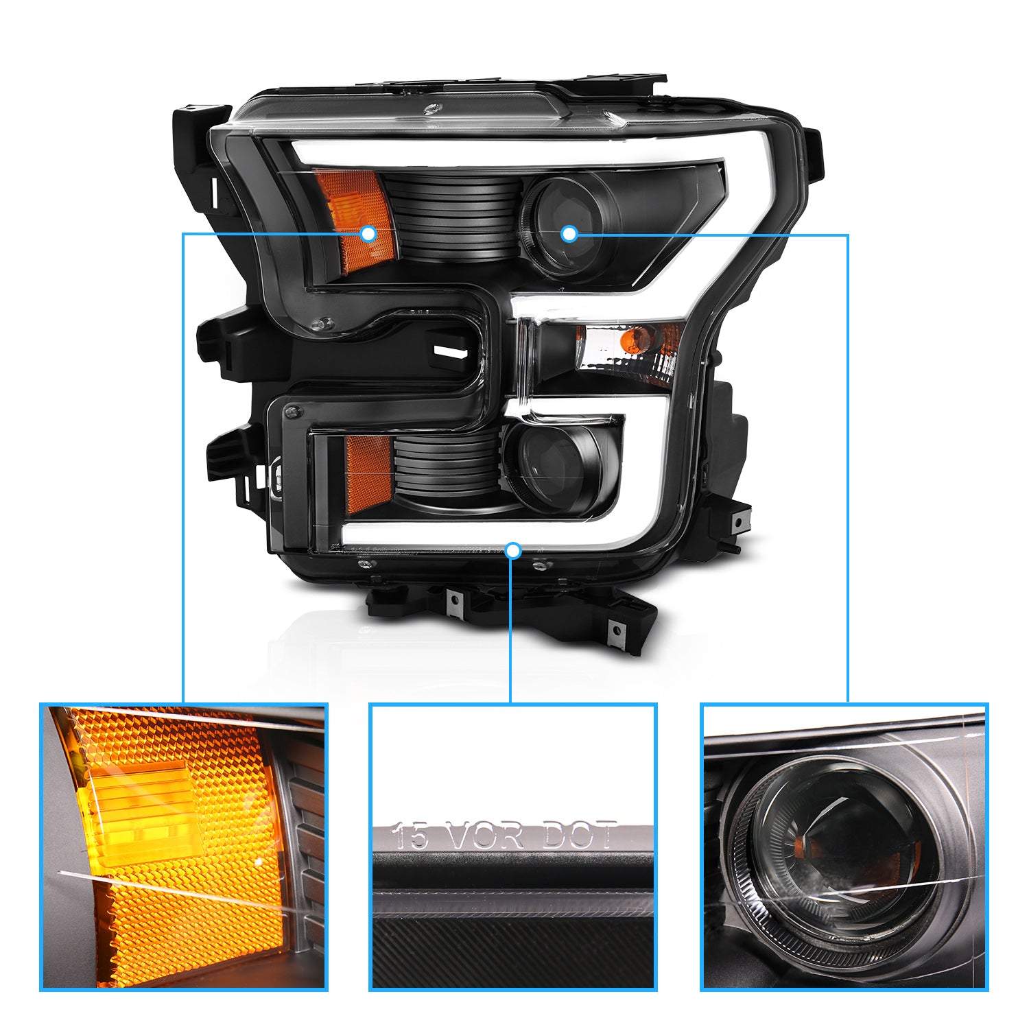 FORD F-150 15-17 PROJECTOR LIGHT BAR STYLE HEADLIGHTS BLACK CLEAR AMBER