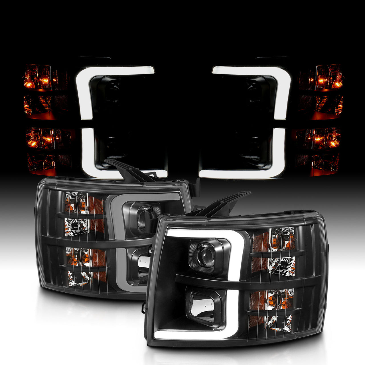 CHEVY SILVERADO 1500/2500/3500 07-13/1500 HYBRID 09-13 LIGHT BAR STYLE HEADLIGHTS BLACK AMBER