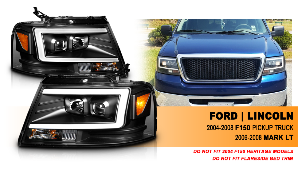 FORD F150 04-08/ LINCOLN MARK LT 06-07 PROJECTOR HEADLIGHTS BLACK AMBER(C LIGHTS BAR)