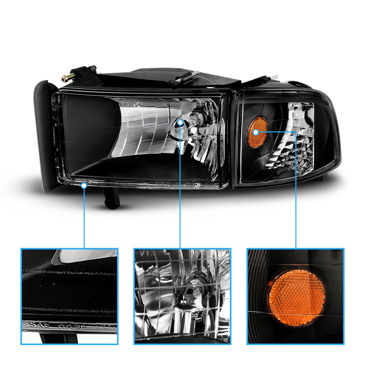 DODGE RAM 94-01 CRYSTAL HEADLIGHTS BLACK AMBER W/ CORNER LIGHTS