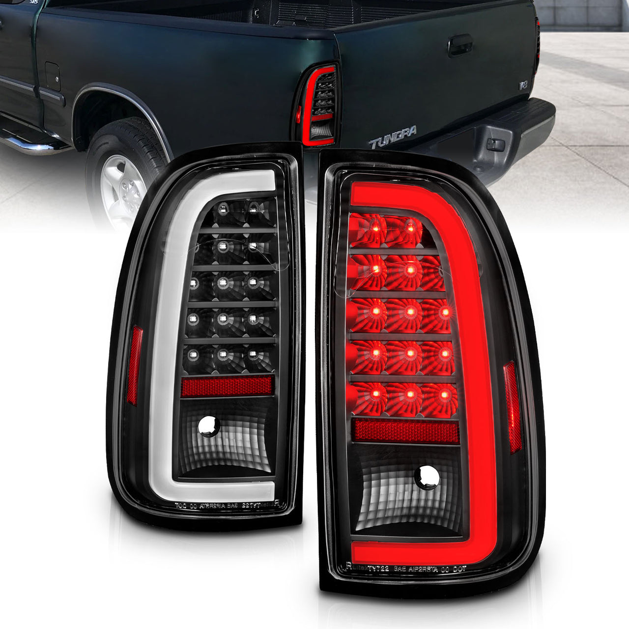 TOYOTA TUNDRA 00-06 LED TAIL LIGHTS BLACK HOUSING CLEAR LENS W/ C LIGHT BAR (STD BED REGULAR CAB, ACCESS CAB)