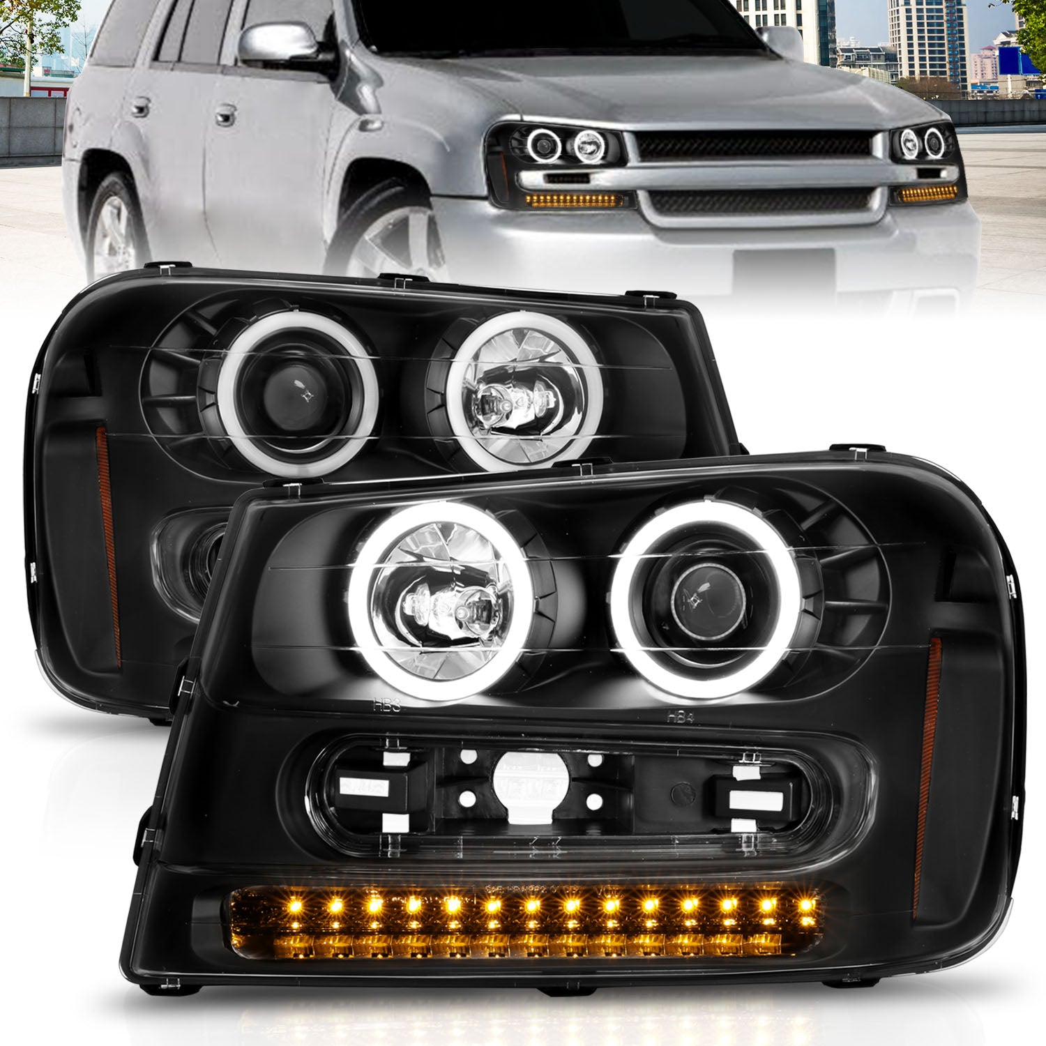 CHEVY TRAILBLAZER 02-05 PROJECTOR HEADLIGHTS HALO BLACK CLEAR AMBER (RX HALO)