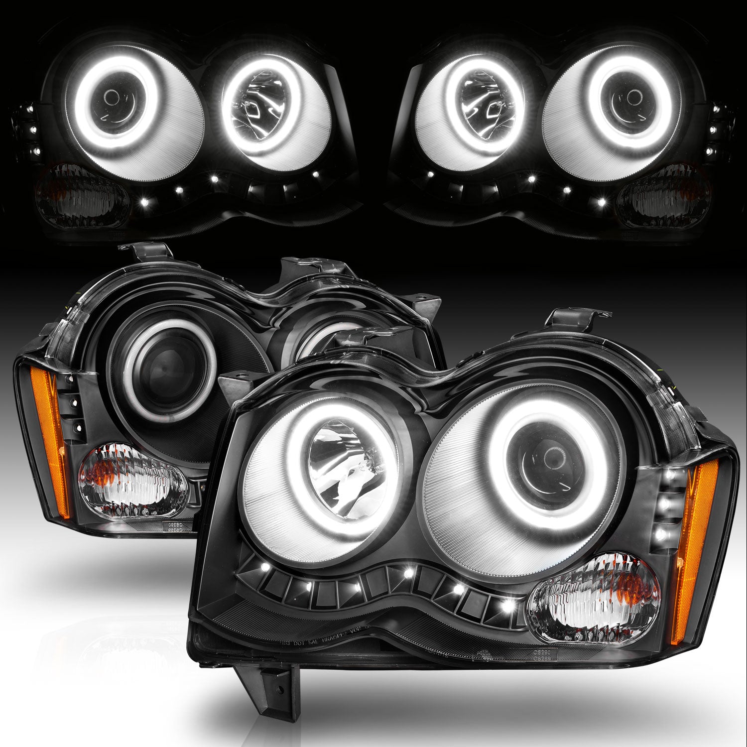 JEEP GRAND CHEROKEE 08-09 PROJECTOR HEADLIGHTS HALO BLACK CLEAR AMBER (RX HALO)
