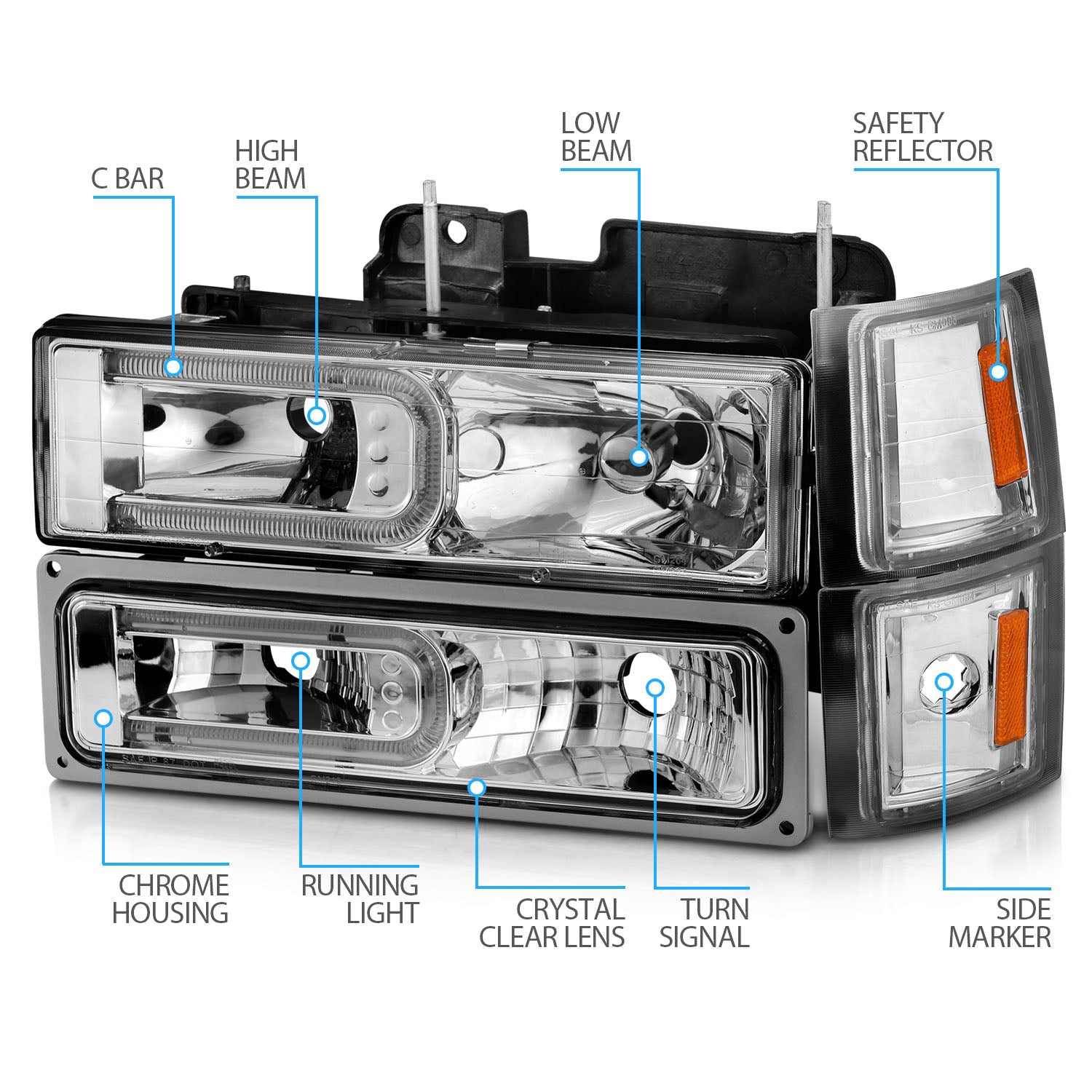 CHEVY CK / C10 /SILVERADO/ TAHOE / SUBURBAN/BLAZER 94-98 HEADLIGHTS  W/ SIGNAL & SIDE MARKERS (8PCS) SET CHROME HOUSING CLEAR LENS W/ C LIGHT BAR