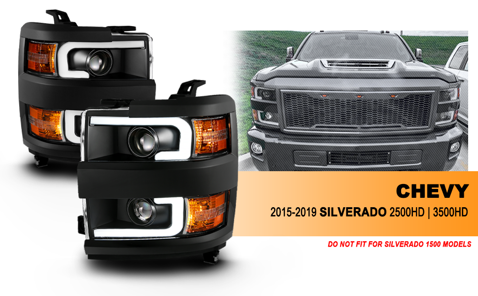 CHEVY SILVERADO 2500HD/3500HD 15-17 PROJECTOR LIGHT BAR STYLE HEADLIGHTS BLACK AMBER (BLACK RIM)