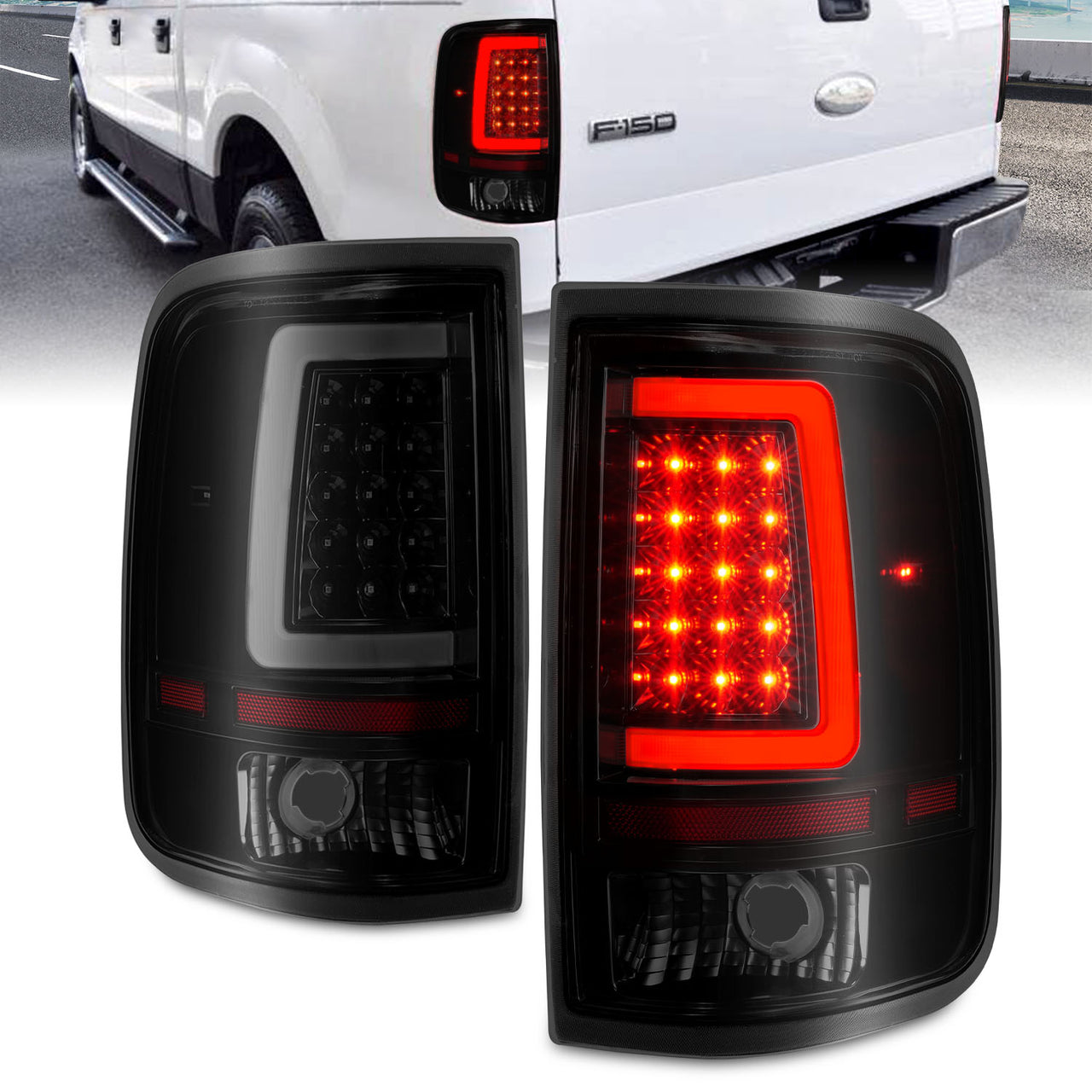 FORD F-150 04-08 LED TAIL LIGHTS BLACK HOUSING SMOKE LENS (W/ C LIGHT BAR)
