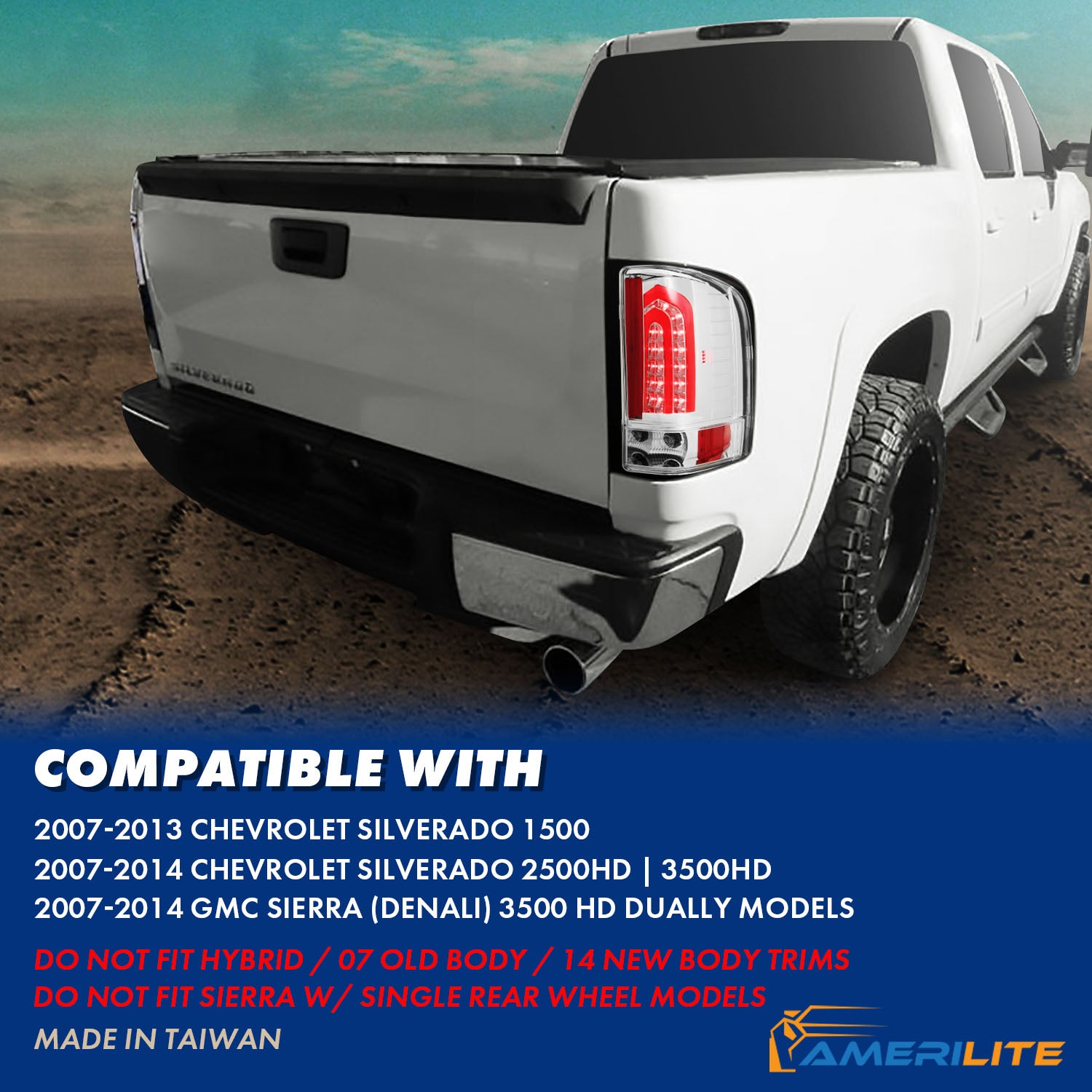 CHEVY SILVERADO 1500/2500/3500 07-10/HYBRID 09/GMC SIERRA 07-09 LED TAIL LIGHTS G4  ALL CHROME (W/ RED LIGHT BAR)