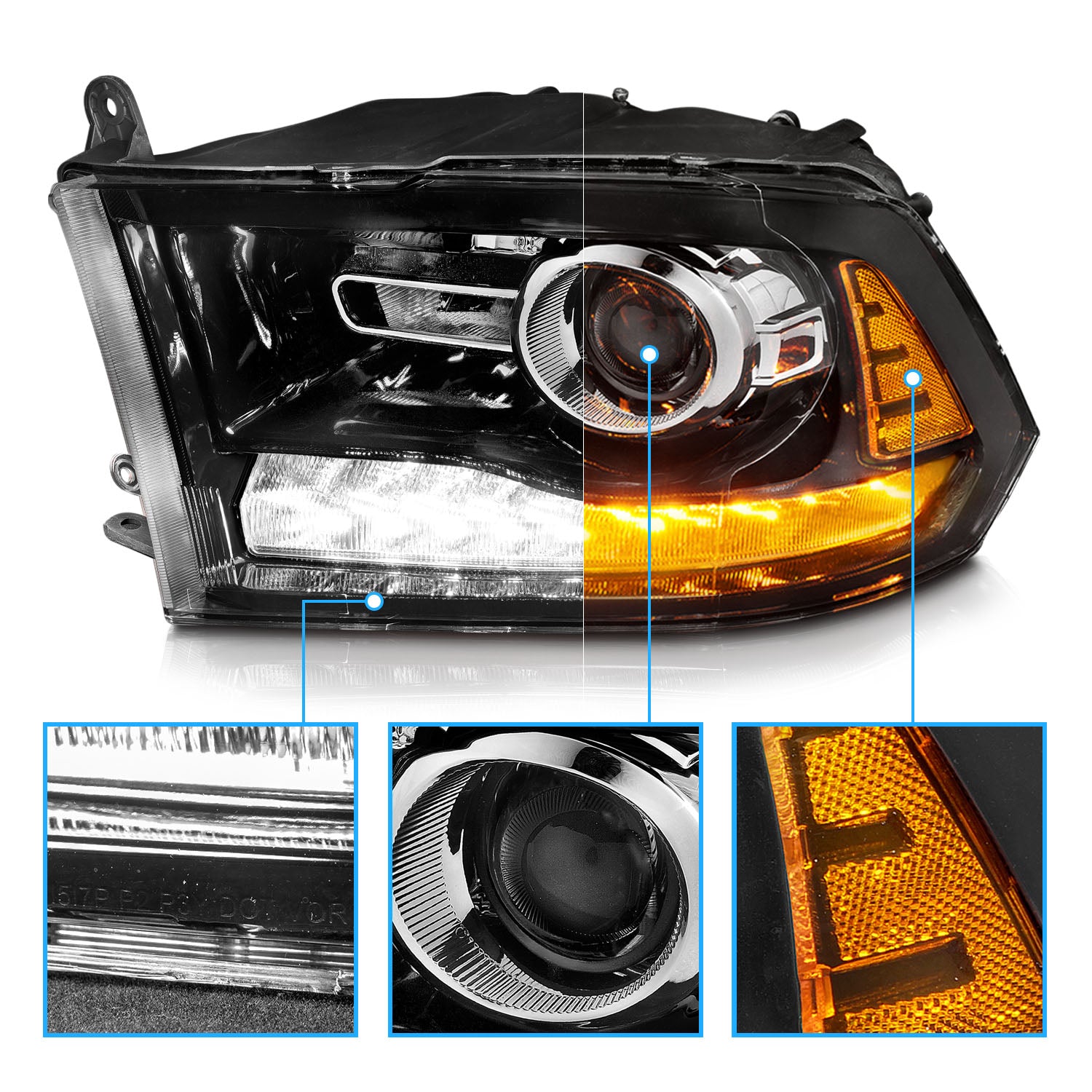 DODGE RAM 09-18 PROJECTOR PLANK STYLE SWITCHBACK H.L BLACK AMBER (OE STYLE) (LIGHT BLACK) (ALL MODEL)