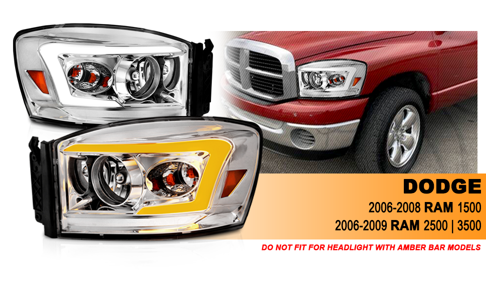 DODGE RAM 1500 06-08/ 2500/3500 06-09   SWITCHBACK HEADLIGHTS CHROME AMBER (W/ C LIGHT BAR)