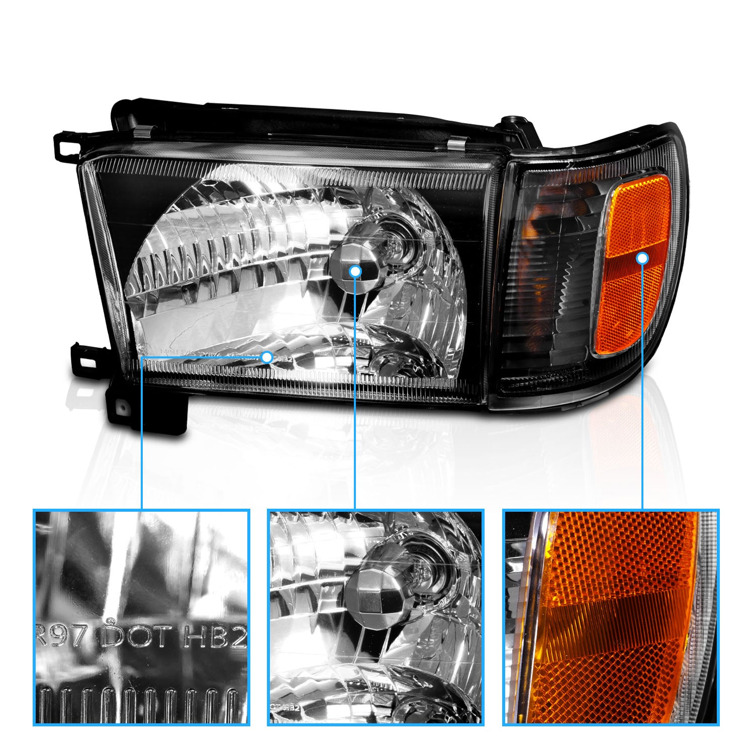 TOYOTA 4 RUNNER 99-02 HEADLIGHTS W/ CORNER LIGHTS BLACK AMBER