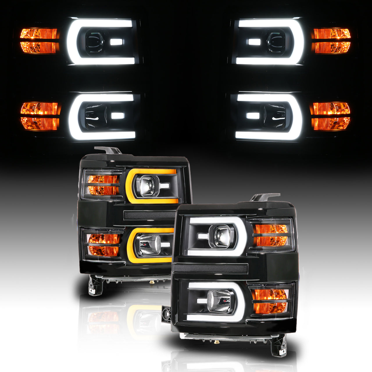 CHEVY SILVERADO 14-15 PROJECTOR HEADLIGHTS BLACK HOUSING CLEAR LENS SEQUENTIAL LIGHT BAR