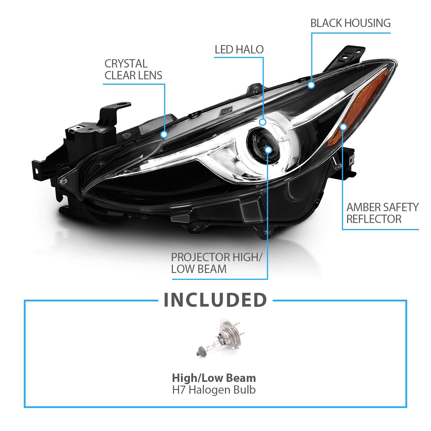 MAZDA 3 14-15 4DR PROJECTOR HEADLIGHTS WHITE PLUS LED HALO BLACK AMBER