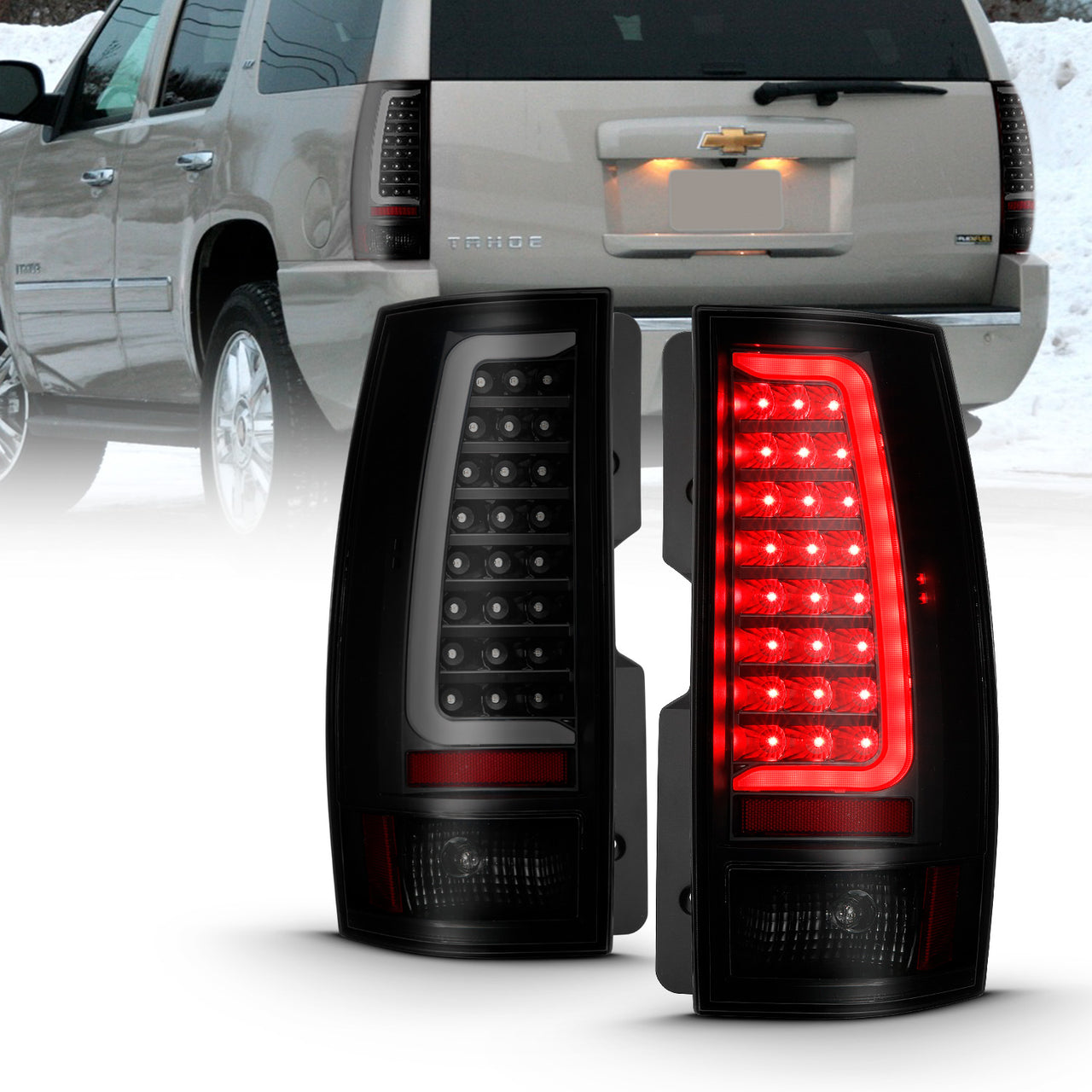 CHEVY TAHOE/SUBURBAN 07-14 LED TAIL LIGHTS BLACK HOUSING SMOKE LENS W/ C LIGHT BAR