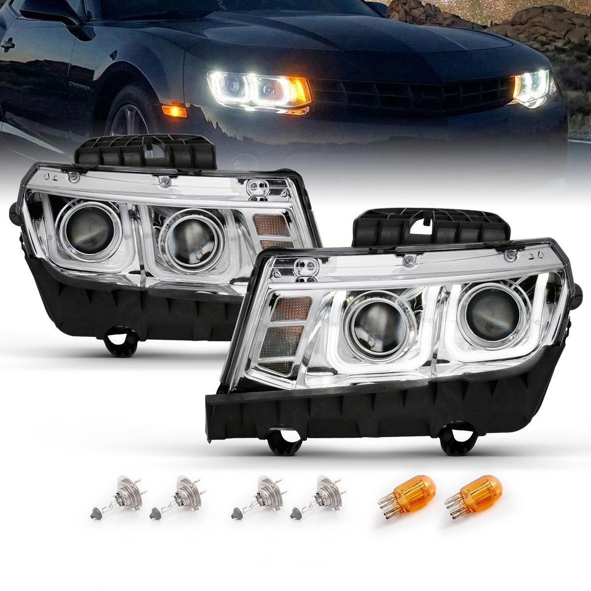 CHEVY CAMARO 14-15 PROJECTOR HEADLIGHTS U-BAR STYLE CHROME CLEAR