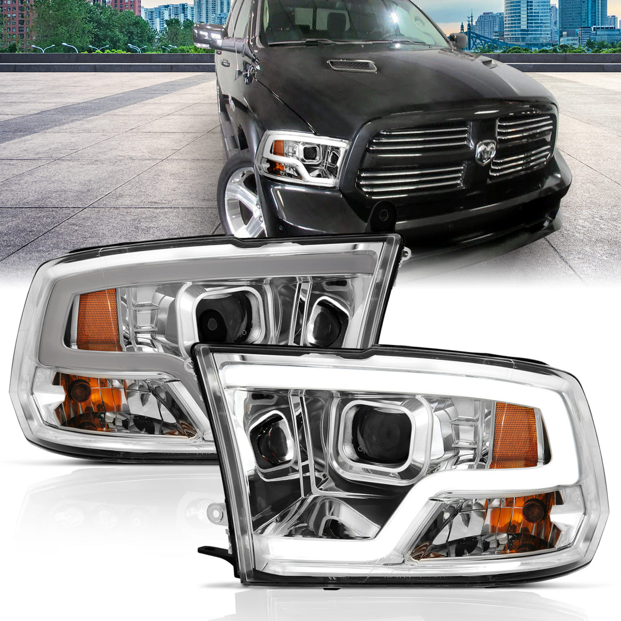 DODGE RAM 09-17 PROJECTOR LIGHT BAR STYLE HEADLIGHTS CHROME CLEAR AMBER