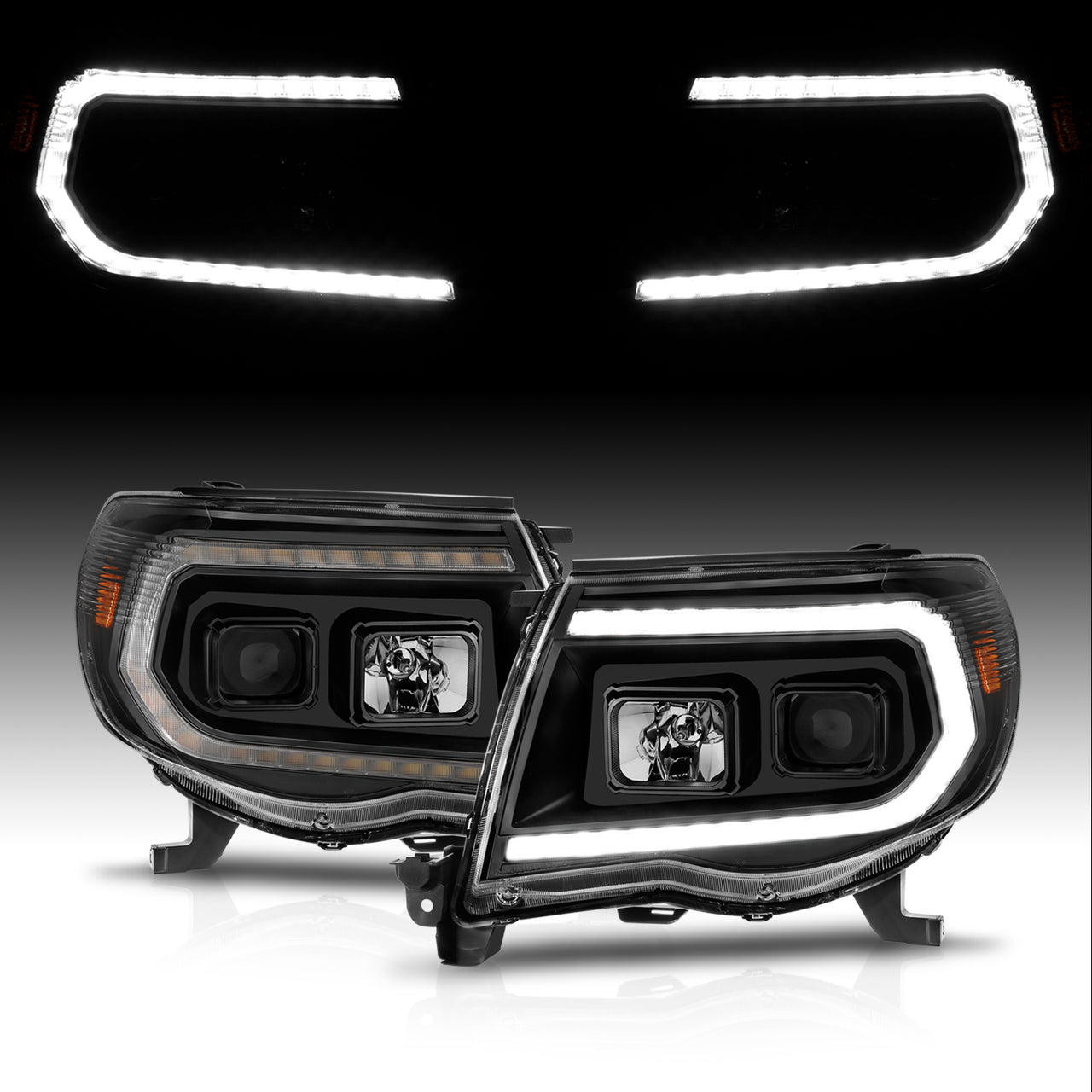 TOYOTA TACOMA 05-11 PROJECTOR SEQUENTIAL LIGHT BAR STYLE HEADLIGHTS BLACK AMBER  (W/ C LIGHT BAR)