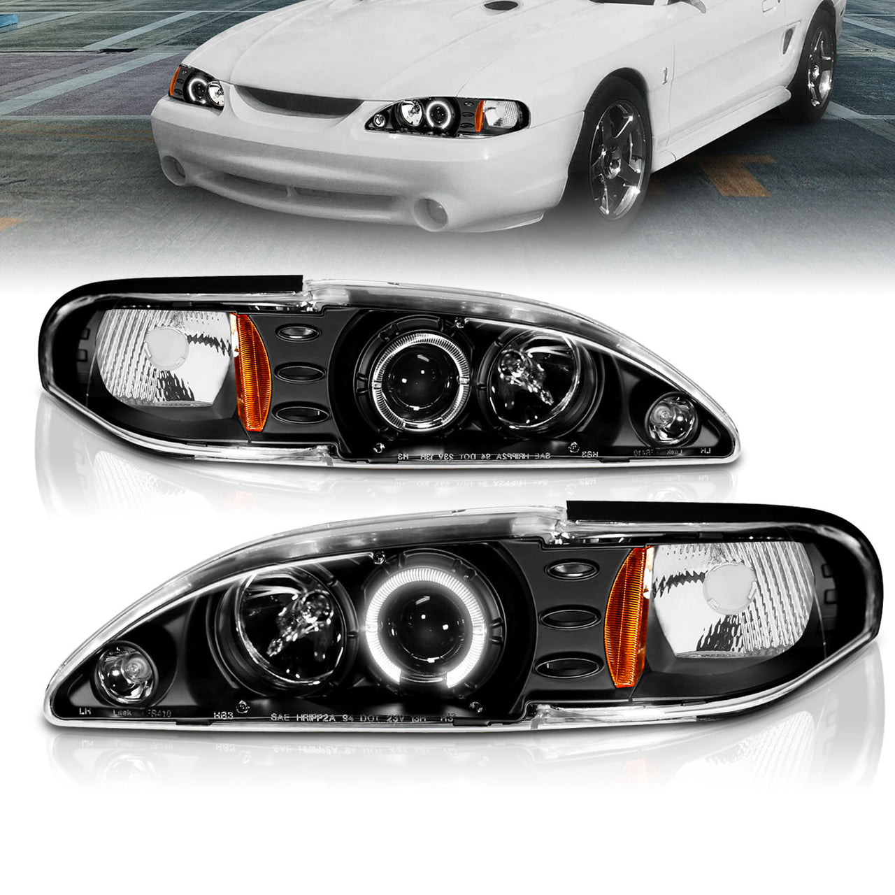 FORD MUSTANG 94-98 1PC PROJECTOR HEADLIGHTS HALO BLACK CLEAR AMBER